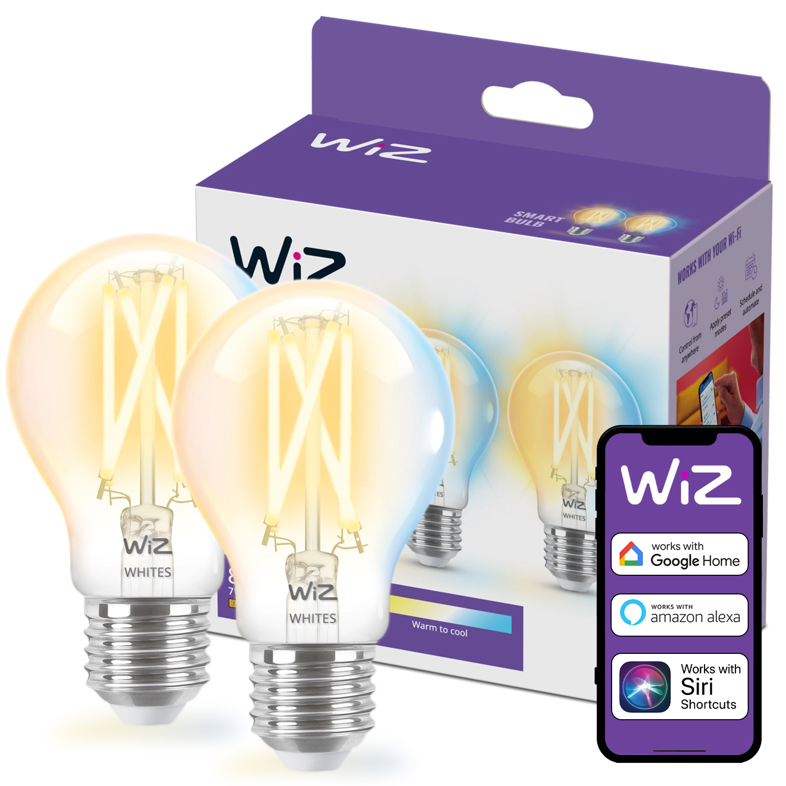 2x Żarówka LED E27 A60 7W = 60W 806lm 2700-6500K TW FILAMENT Inteligentna SMART WiFi Bluetooth Aplikacja WiZ - główne zdjęcie produktu