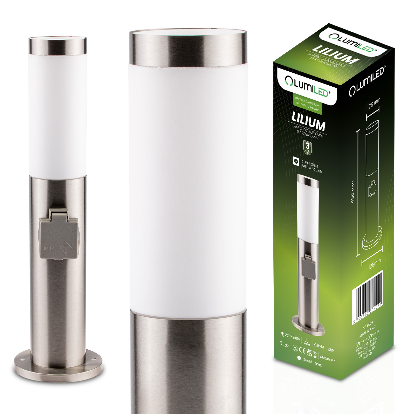 Lampa Ogrodowa Zewnętrzna E27 INOX SŁUPEK 45cm z Gniazdem 230V Lilium LUMILED - główne zdjęcie produktu