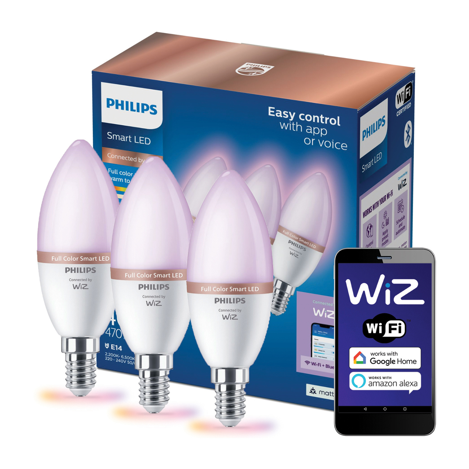 3x Żarówka LED E14 Świeczka C37 4.9W = 40W 470lm 2200-6500K RGB + TW Inteligentna SMART WiFi Bluetooth Aplikacja WiZ Philips - główne zdjęcie produktu
