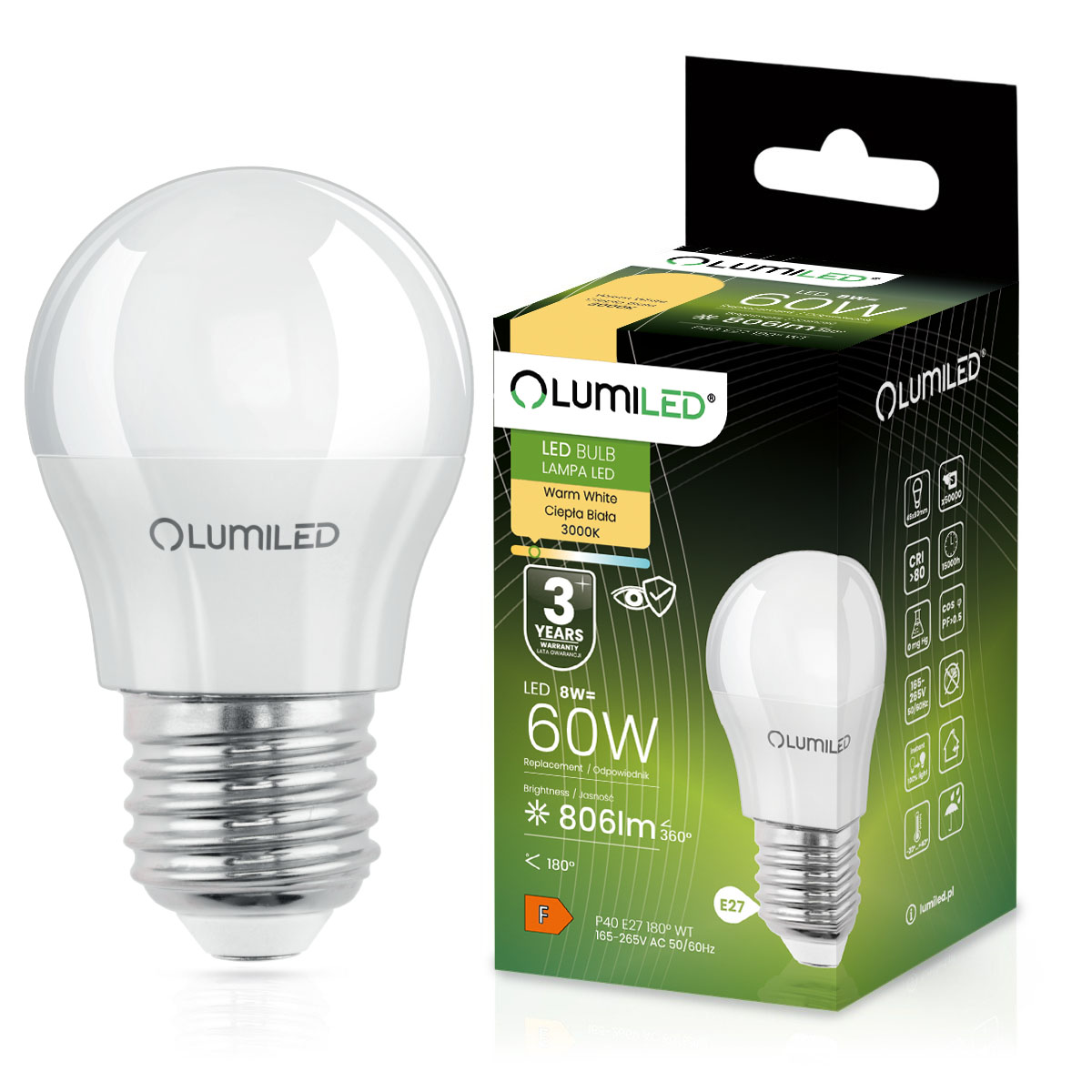 Żarówka LED E27 Kulka P45 8W = 60W 806lm 3000K Ciepła 180° LUMILED - główne zdjęcie produktu