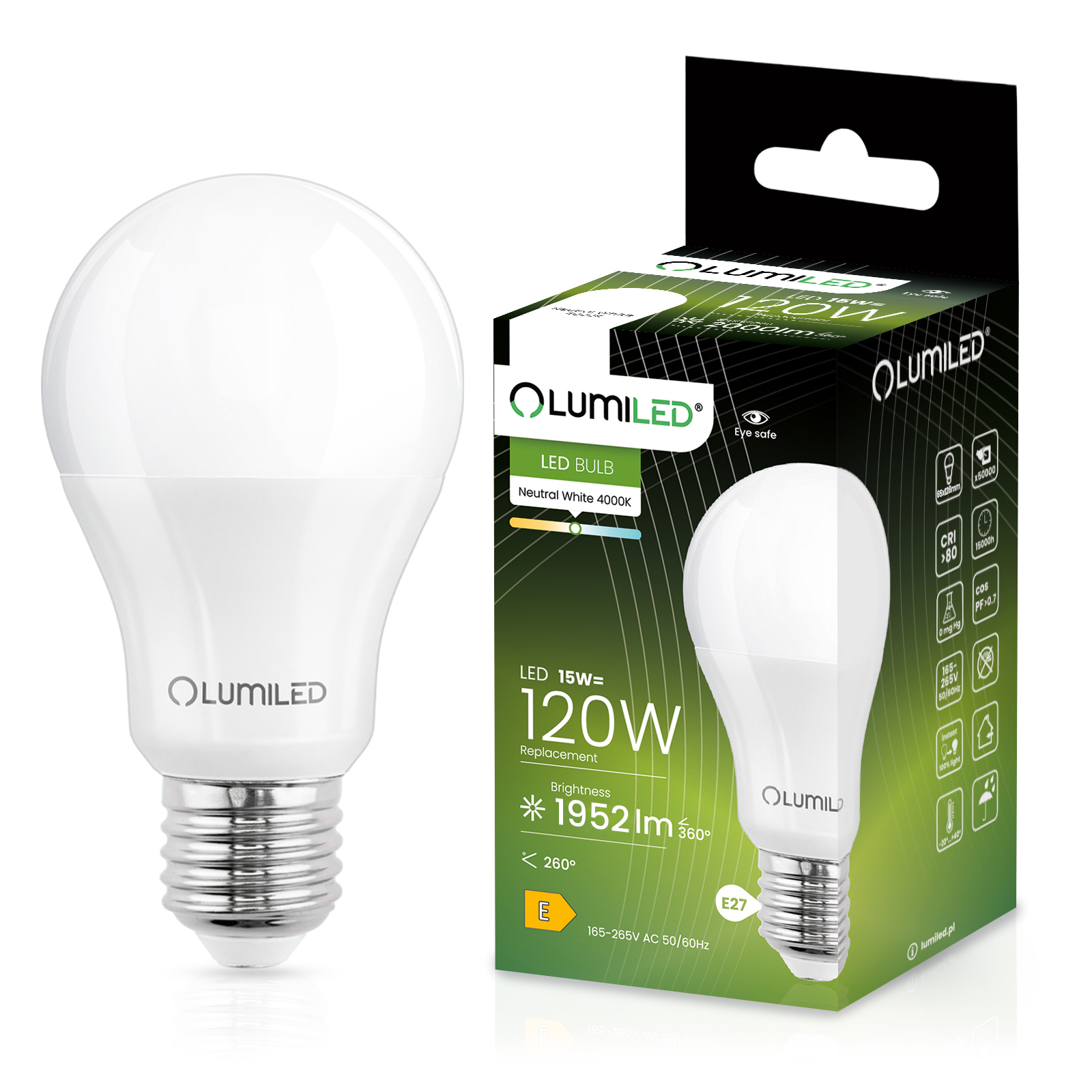 Żarówka LED E27 A65 15W = 120W 1952lm 4000K Neutralna 260° LUMILED - główne zdjęcie produktu
