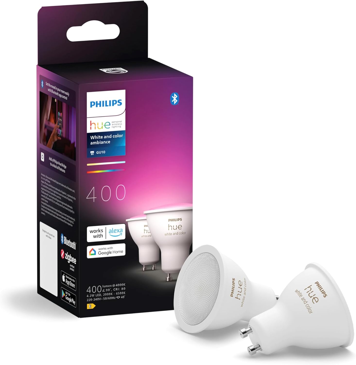 2x Żarówka LED GU10 Reflektor 4.2W = 50W 400lm 2000-6500K CCT + RGB SMART Inteligentna Bluetooth ZigBee White and Color Ambiance Philips HUE - główne zdjęcie produktu