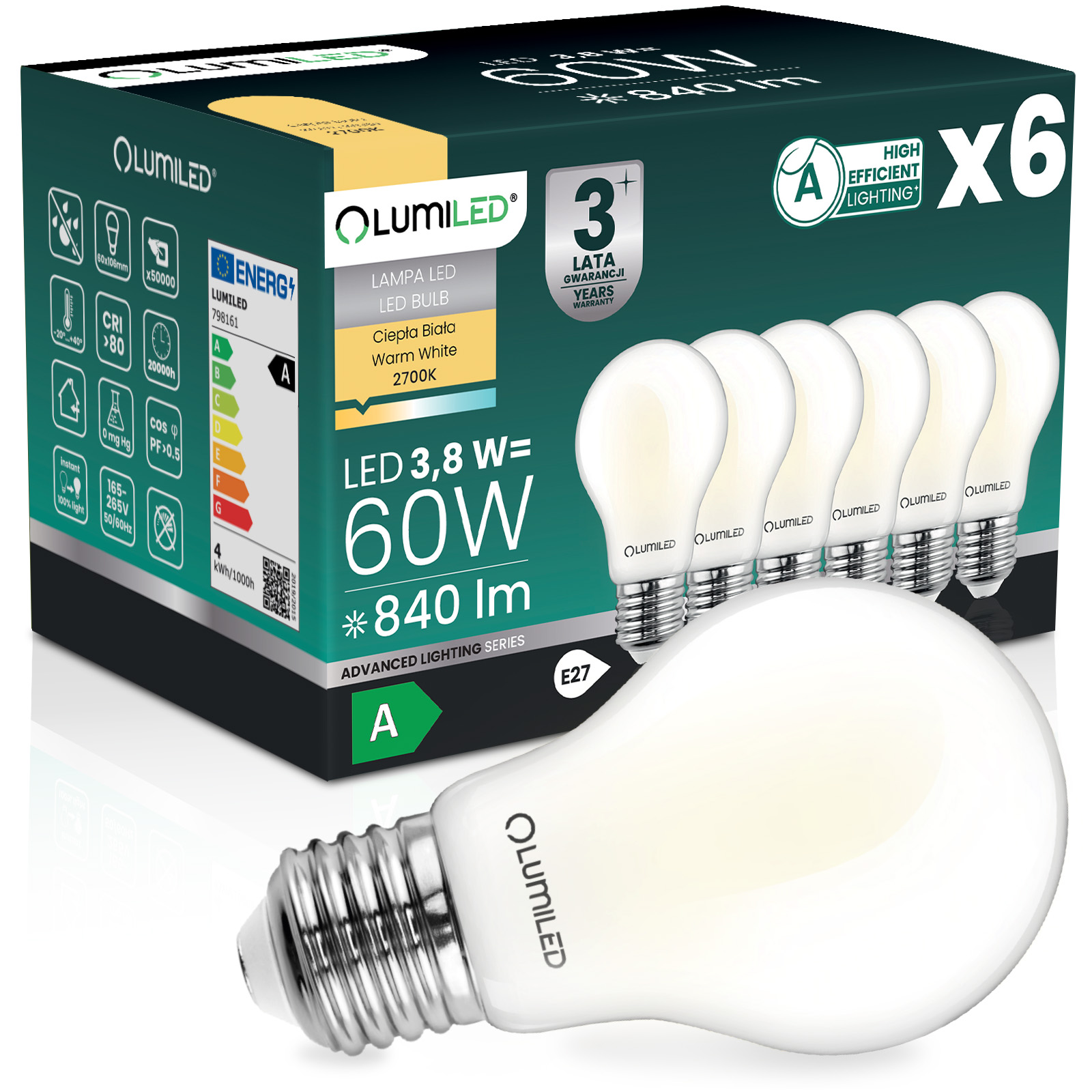 6x Żarówka LED E27 A60 3,8W 840lm = 60W 2700K Ciepła 360° Filament KLASA A LUMILED - główne zdjęcie produktu
