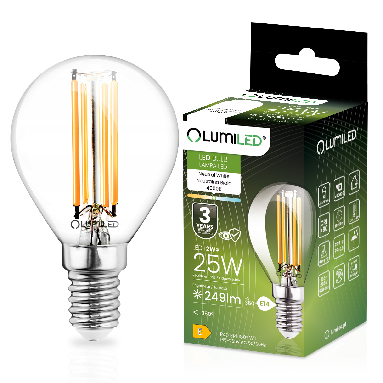Żarówka LED E14 Kulka P45 2W = 25W 249lm 4000K Neutralna 360° FILAMENT LUMILED - główne zdjęcie produktu