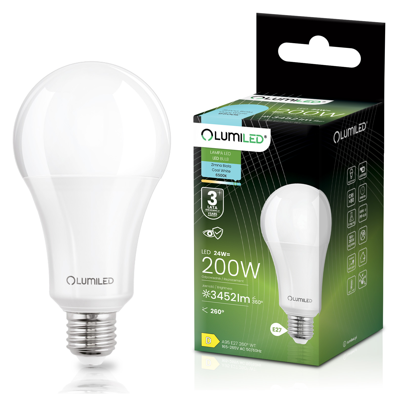 Żarówka LED E27 A95 24W = 200W 3452lm 6500K Zimna 260° LUMILED - główne zdjęcie produktu
