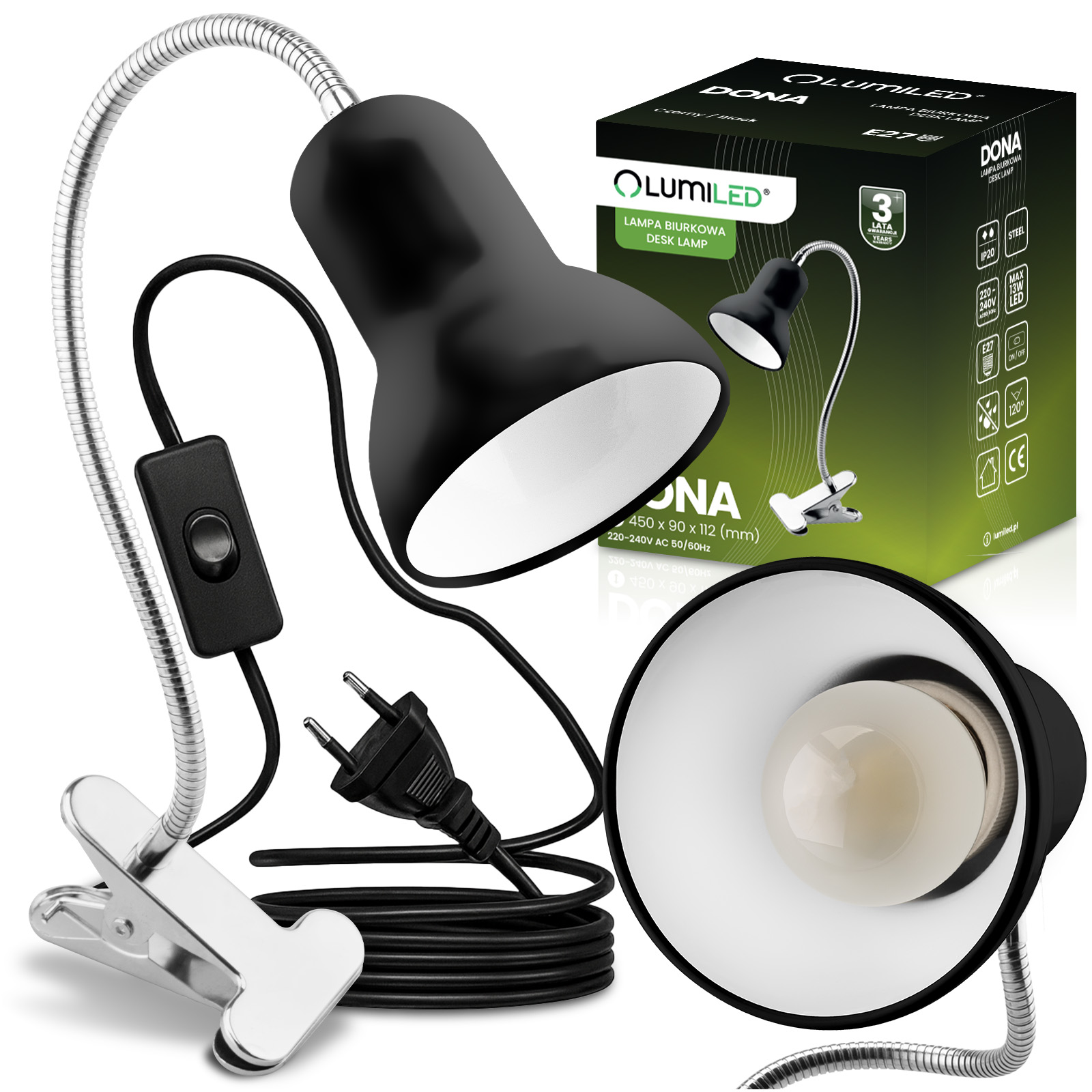 Lampka Biurkowa Stołowa Regulowana DONA Szkolna Nocna E27 Klips Czarna LUMILED - główne zdjęcie produktu