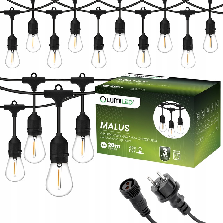 Girlanda Ogrodowa Zewnętrzna Łańcuch Świetlny 20m 40x E27 Żarówki 1W 2700K MALUS Lumiled - główne zdjęcie produktu
