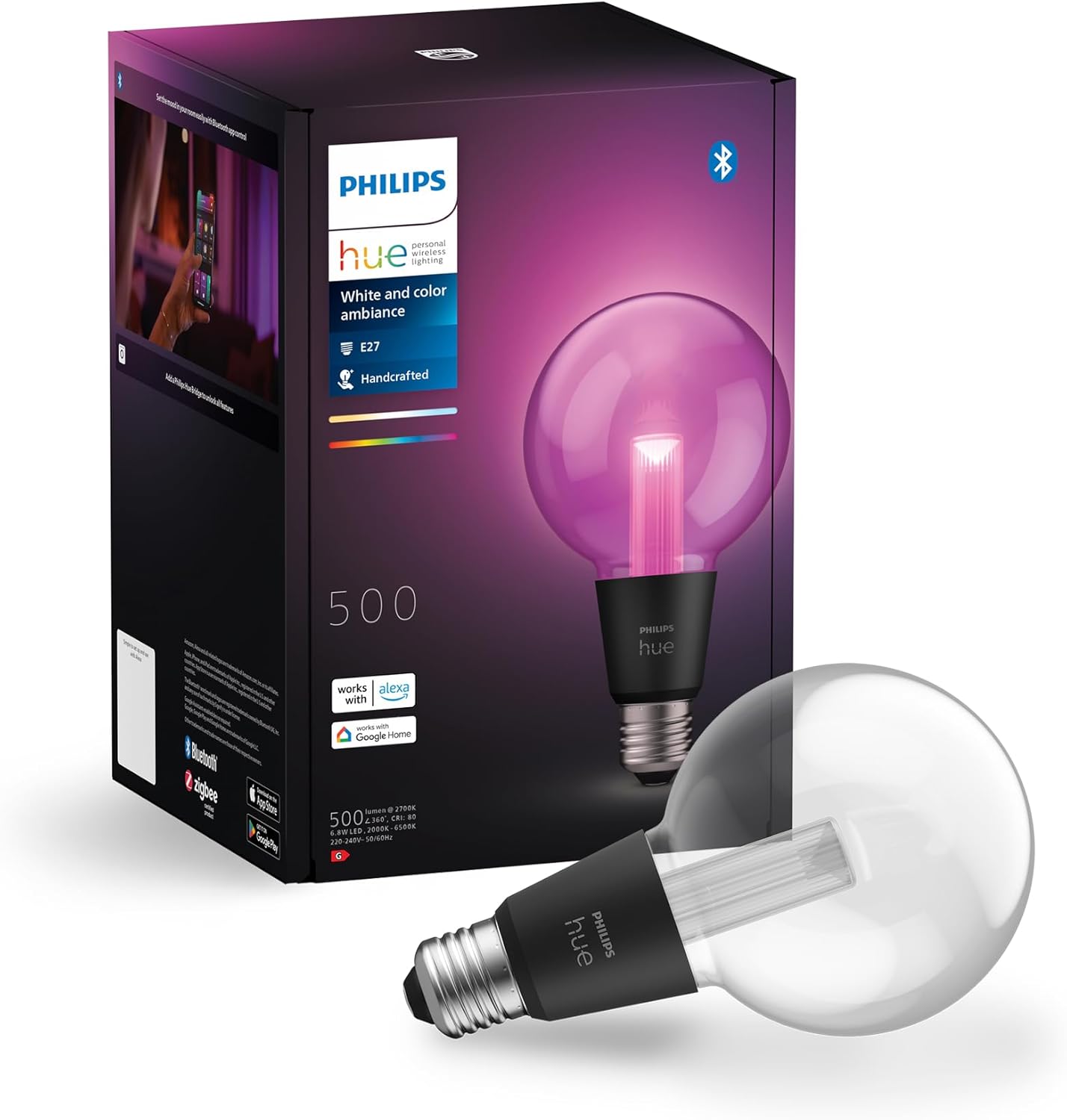 Żarówka LED E27 Kula G95 6.8W = 60W 500lm 2000-6500K CCT + RGB FILAMENT SMART Inteligentna Bluetooth ZigBee White and Color Ambiance Philips HUE - główne zdjęcie produktu