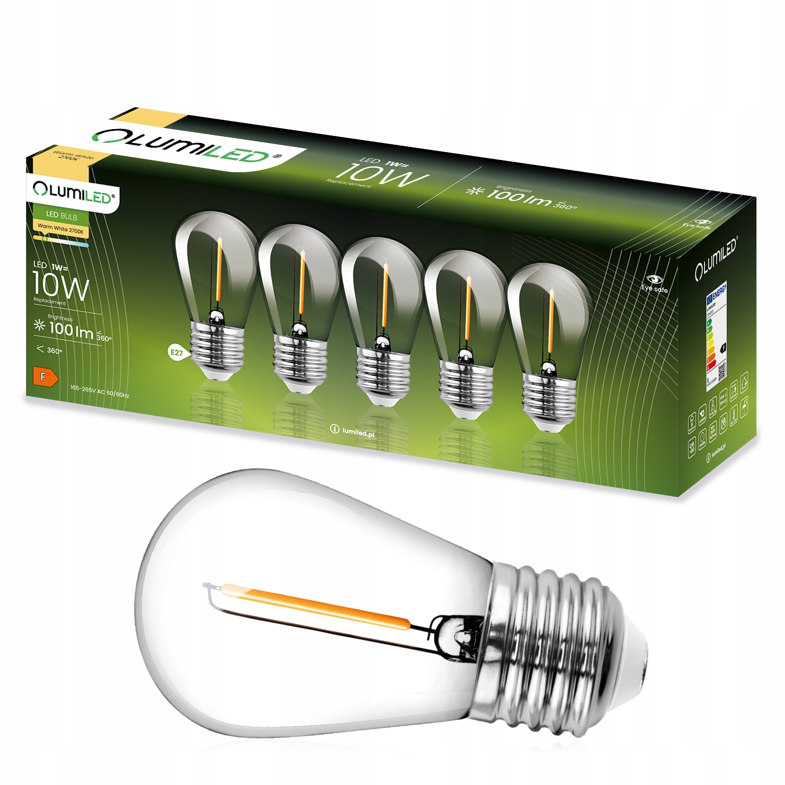 5x Żarówka LED E27 Edison ST14 1W = 10W 100lm 2700K Ciepła 360° FILAMENT LUMILED - główne zdjęcie produktu