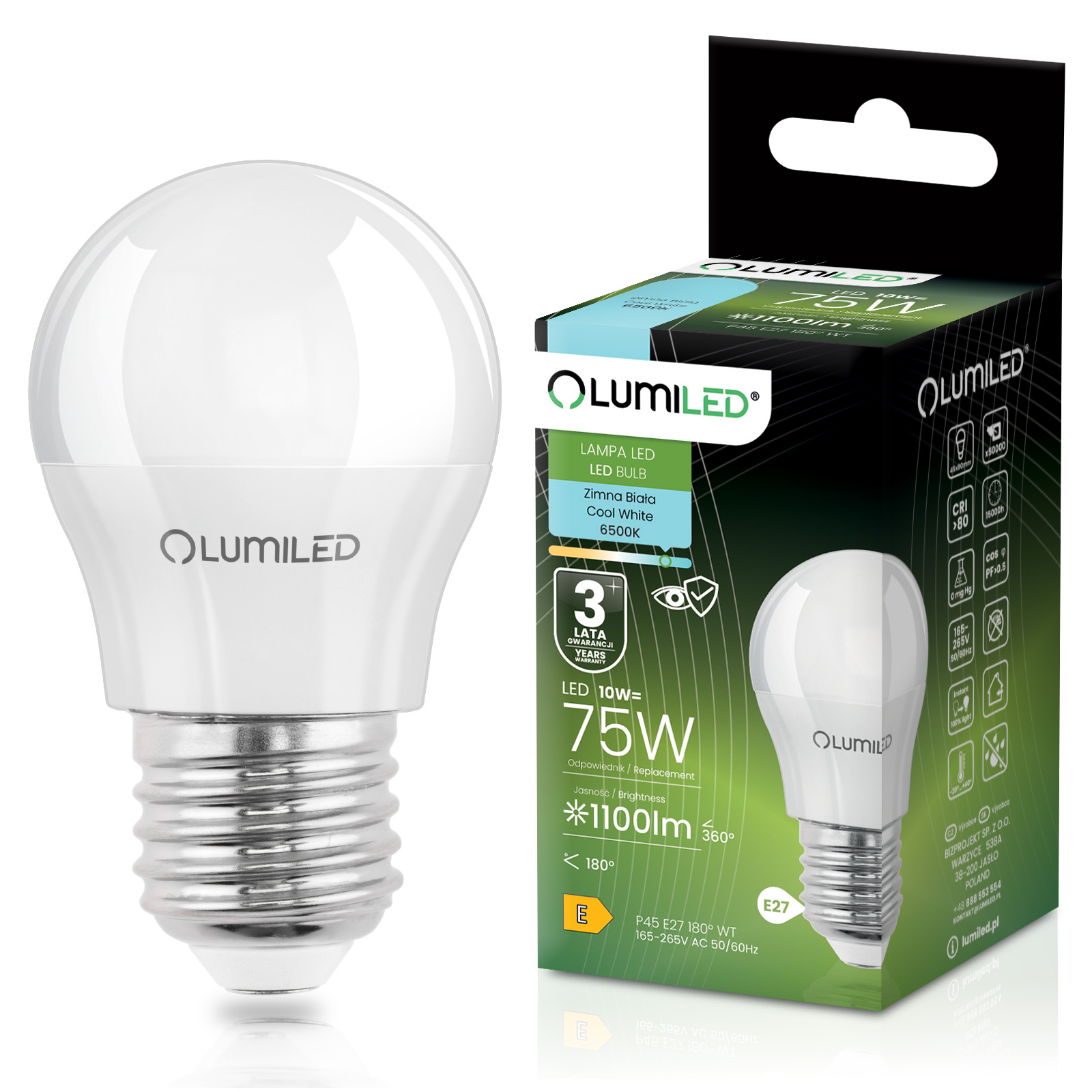 Żarówka LED E27 Kulka P45 10W = 75W 1100lm 6500K Zimna 180° LUMILED - główne zdjęcie produktu