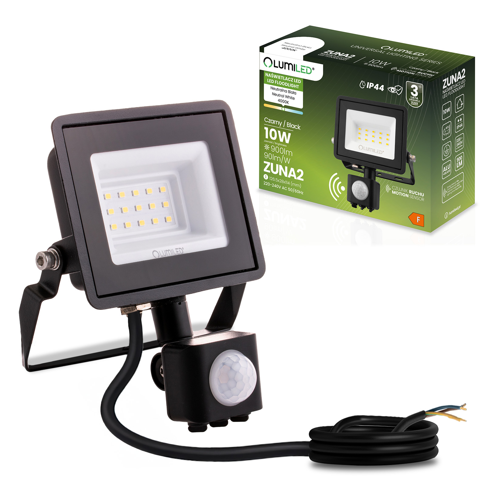 Naświetlacz LED ZUNA2 10W 900lm 4000K IP44 Czarny Czujnik Ruchu LUMILED - główne zdjęcie produktu