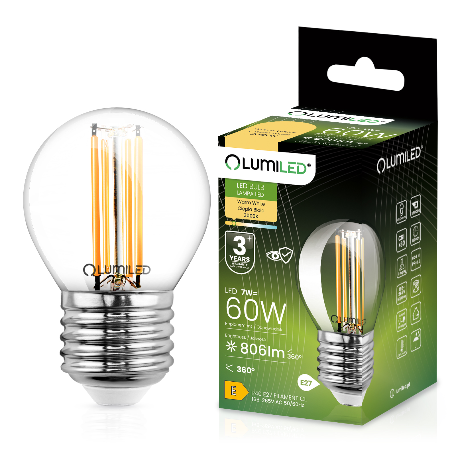 Żarówka LED E27 Kulka P45 7W = 60W 806lm 3000K Ciepła 360° FILAMENT LUMILED - główne zdjęcie produktu