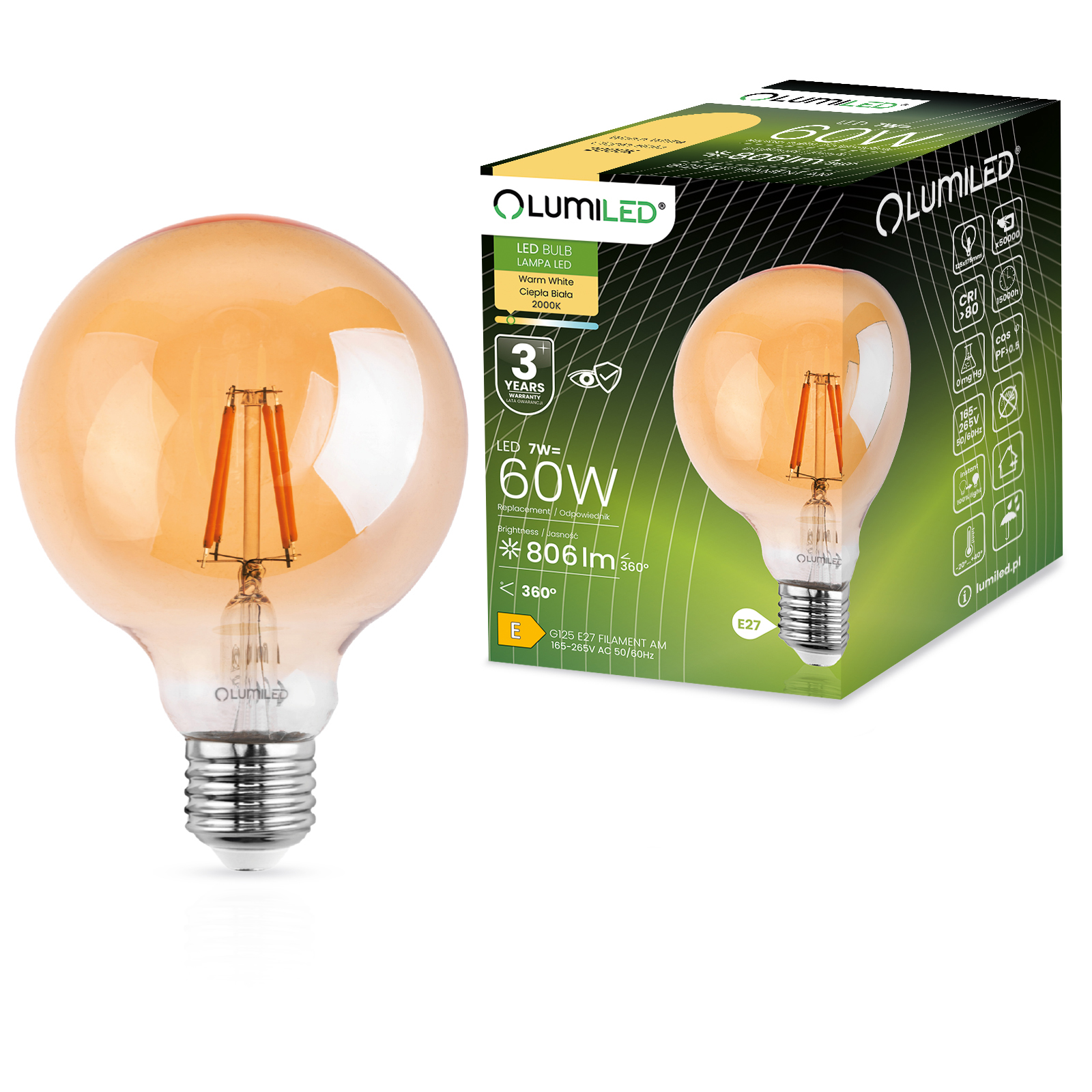 Żarówka LED E27 Kula G125 7W = 60W 806lm 2000K Ciepła 360° BURSZTYNOWA FILAMENT LUMILED - główne zdjęcie produktu