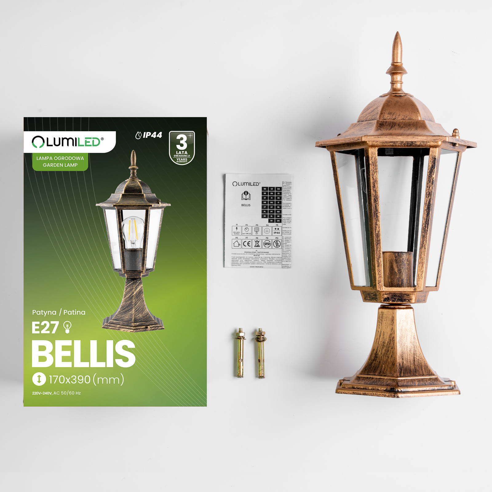 Lampa Ogrodowa Zewnętrzna E27 SŁUPEK LATARNIA 39cm Patyna BELLIS LUMILED - skład produktu