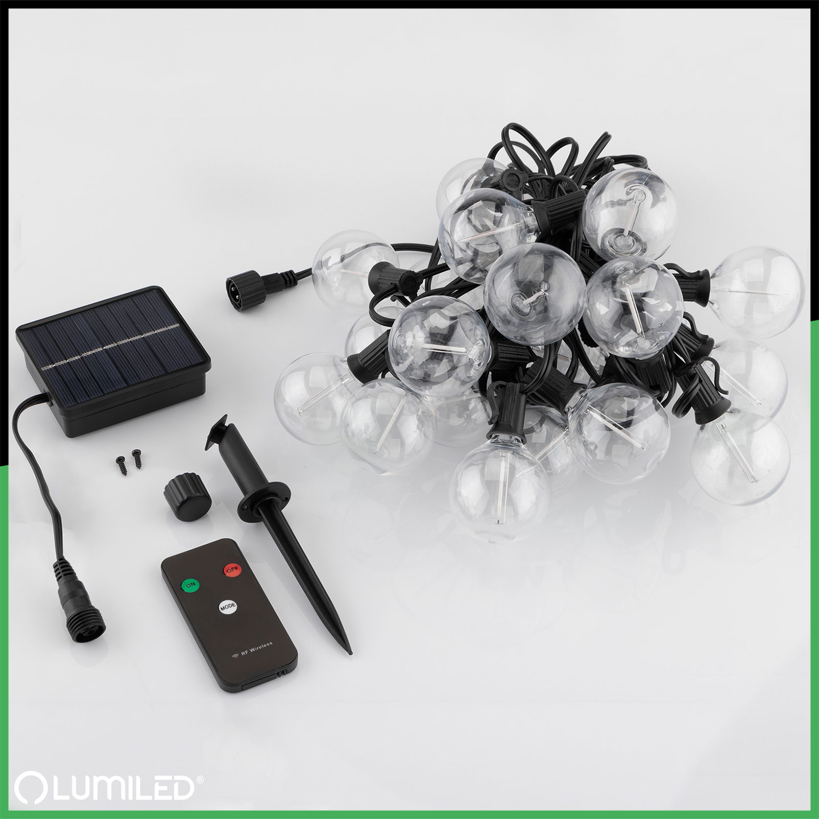 Girlanda Solarna Ogrodowa 20x LED Ozdobne Żarówki G50 10.6m 3000K RGB + Pilot EREMI LUMILED - skład produktu