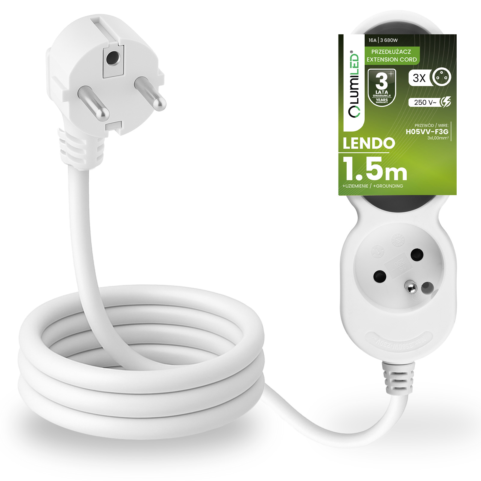 Przedłużacz Sieciowy Kabel z Uziemieniem Listwa Zasilająca 3 Gniazda 1.5m Biały Sznur Lendo Lumiled - główne zdjęcie produktu