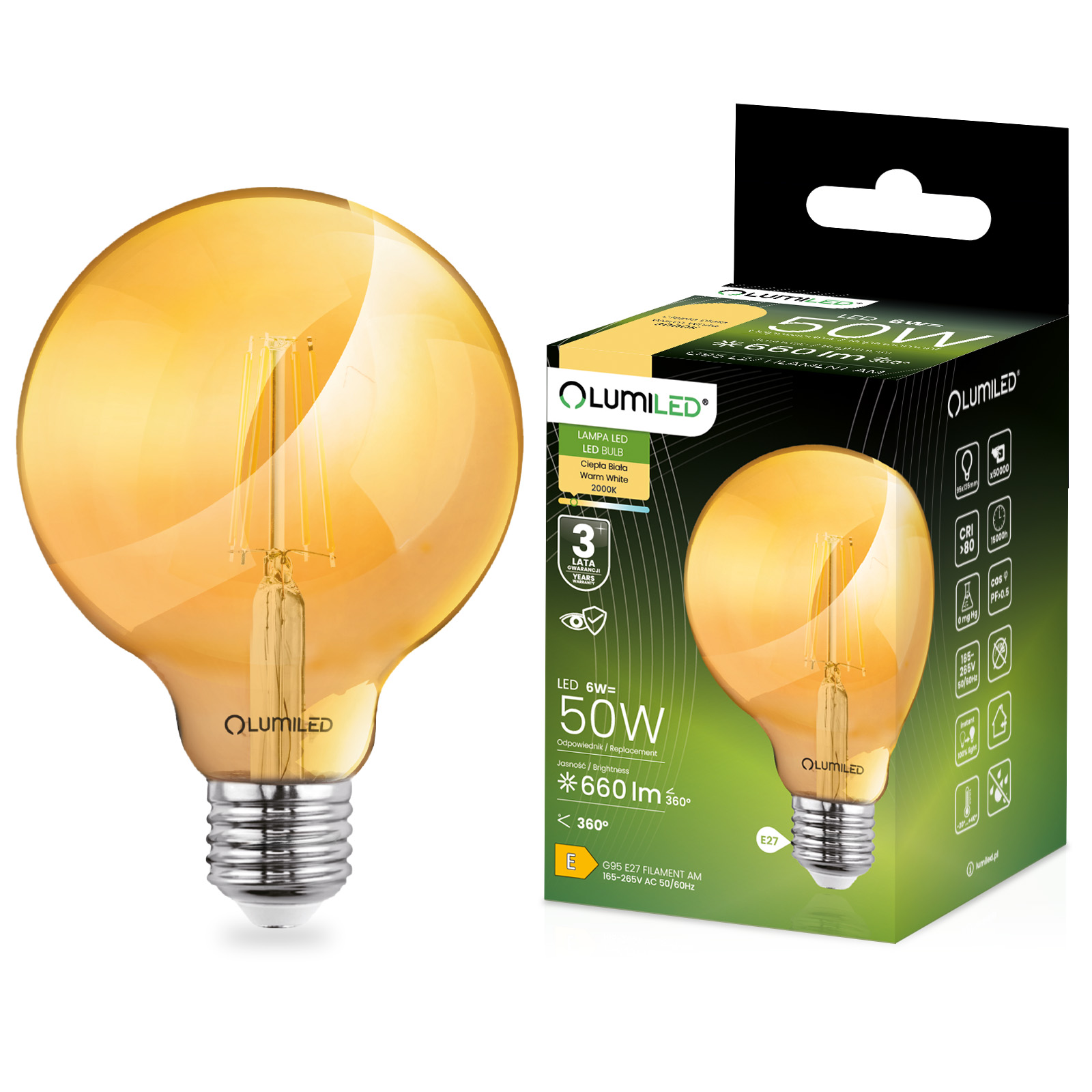 Żarówka LED E27 Kula G95 6W = 50W 660lm 2000K Ciepła 360° BURSZTYNOWA FILAMENT LUMILED - główne zdjęcie produktu