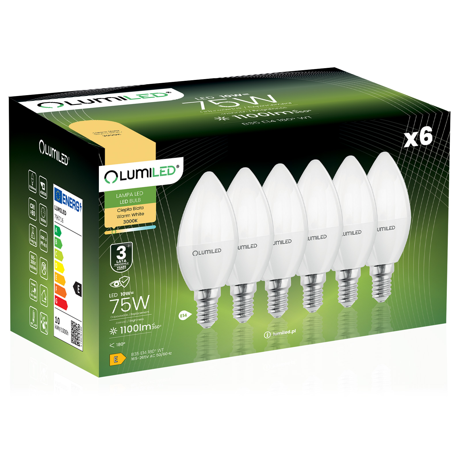 6x Żarówka LED E14 Świeczka B35 10W = 75W 1100lm 3000K Ciepła 180° LUMILED - główne zdjęcie produktu