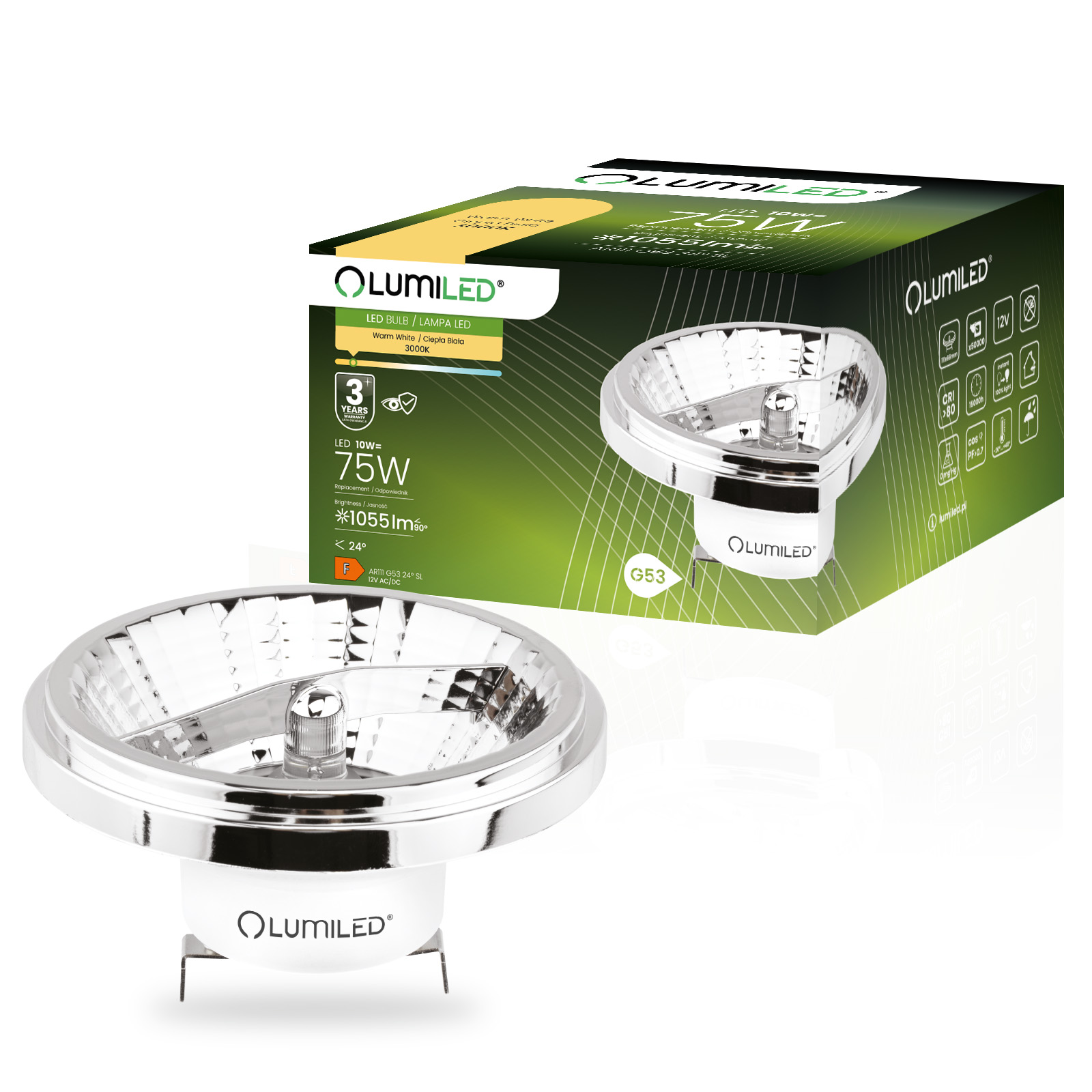 Żarówka LED G53 Reflektor AR111 10W = 75W 1055lm 3000K Ciepła 24° 12V Srebrna LUMILED - główne zdjęcie produktu