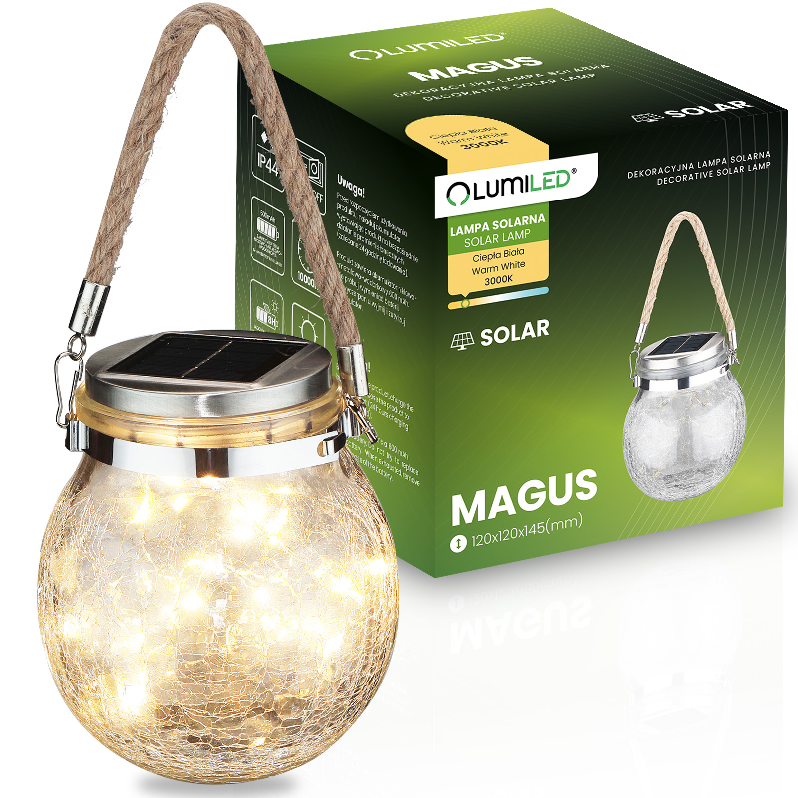Lampa Solarna Ogrodowa LED MAGUS 3000K Latarenka Lampion na Baterie Kula Szklana Słoik LUMILED - główne zdjęcie produktu