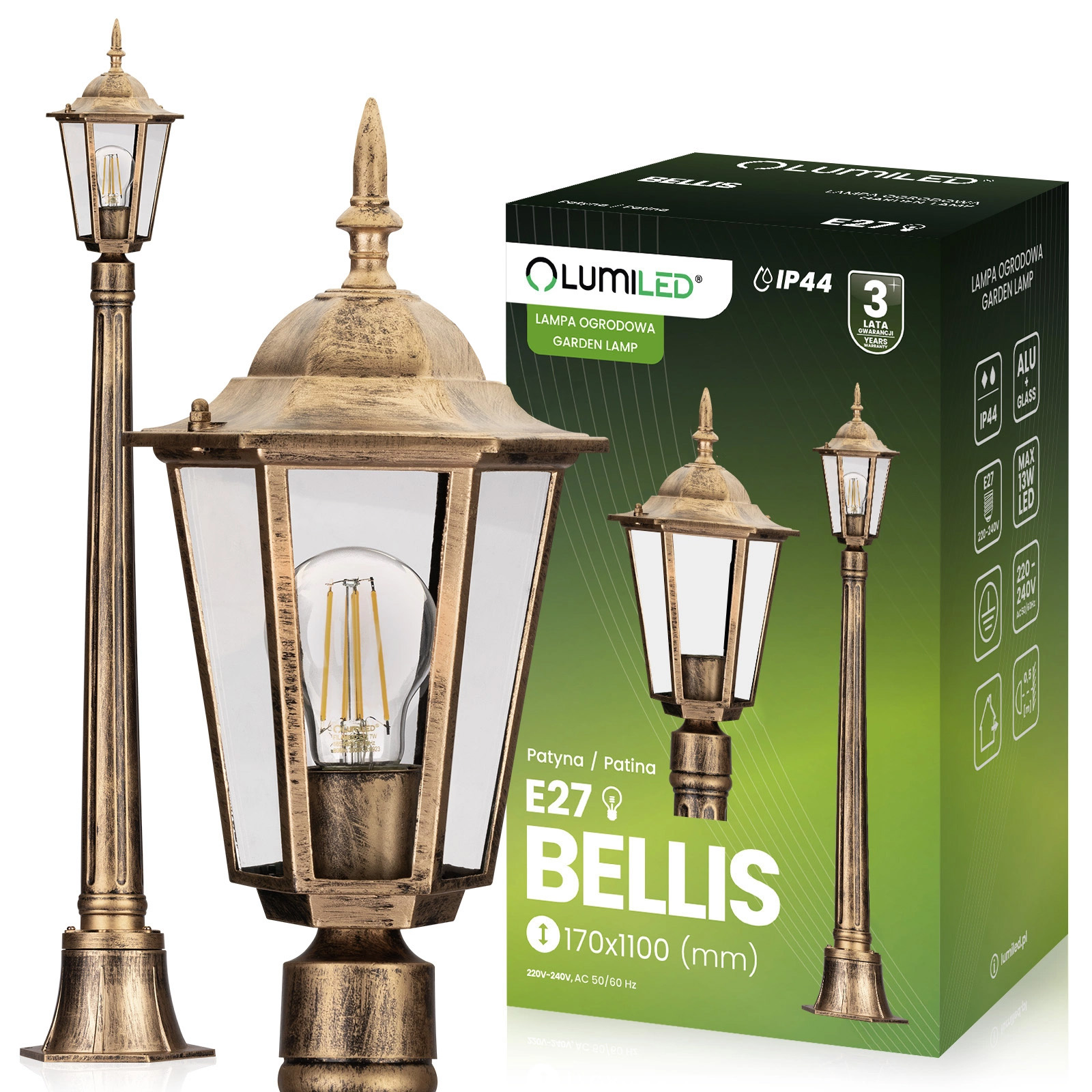 Lampa Ogrodowa Zewnętrzny E27 Niski SŁUPEK LATARNIA 110cm Patyna BELLIS LUMILED - główne zdjęcie produktu