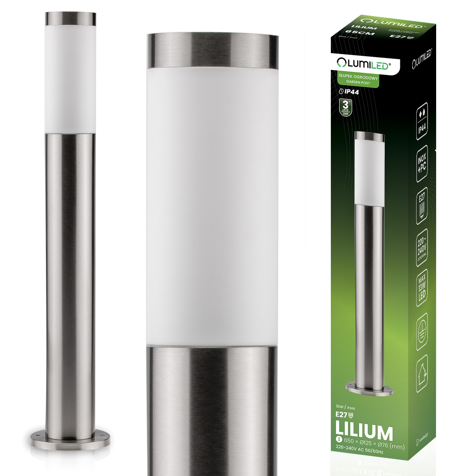 Lampa Ogrodowa Zewnętrzna E27 INOX SŁUPEK 65cm Lilium LUMILED - główne zdjęcie produktu