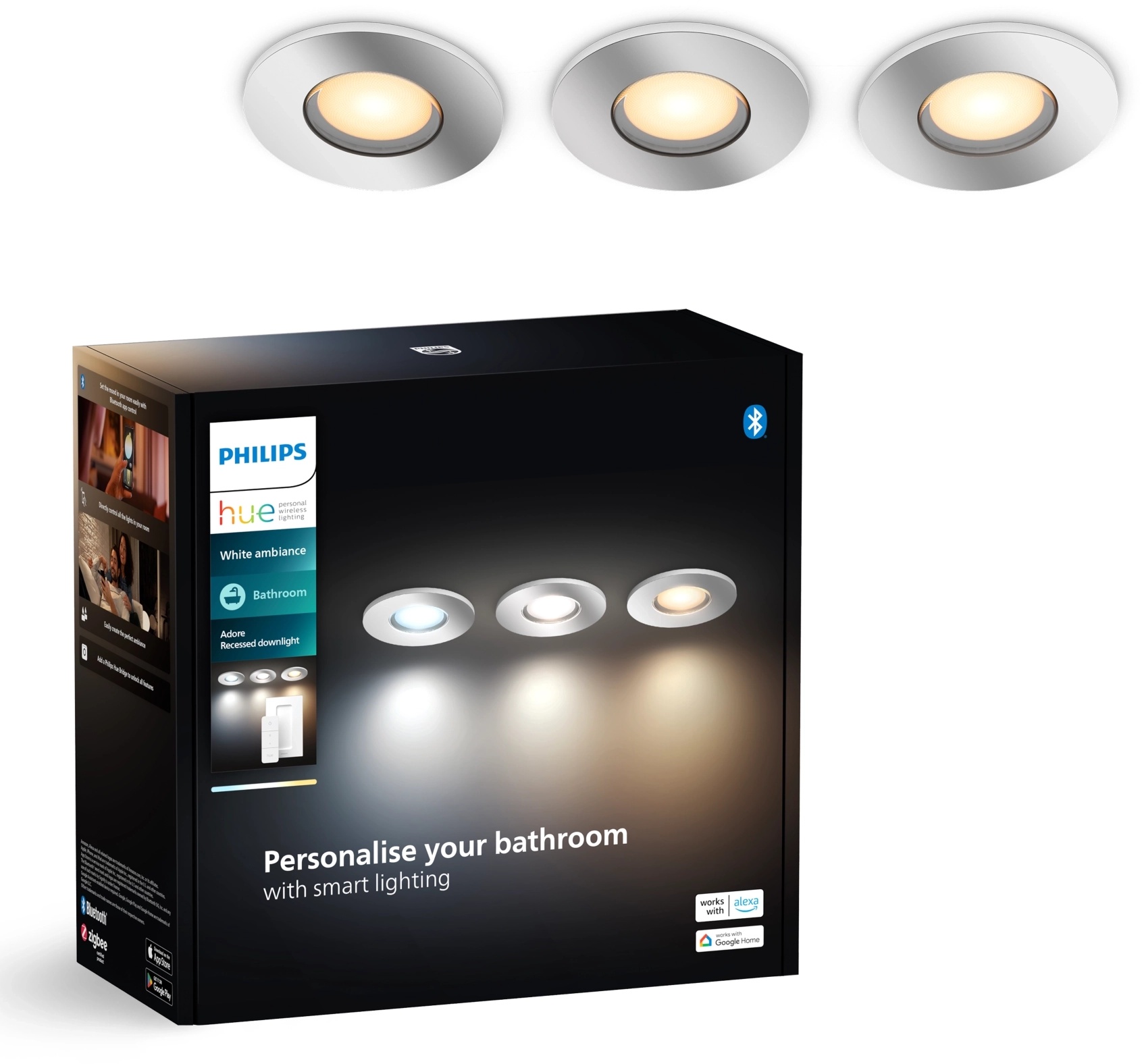3x Oprawa Podtynkowa Wpuszczana LED Hermetyczna IP44 Łazienkowa 4.2W 400lm IP44 White Ambiance TW Chrom Inteligentna SMART Zigbee Bluetooth Adore Philips HUE - główne zdjęcie produktu