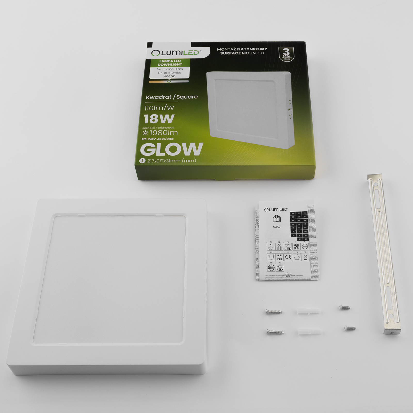 Oprawa Natynkowa Lampa LED Sufitowa 18W Kwadrat 4000K GLOW Biała LUMILED - skład produktu