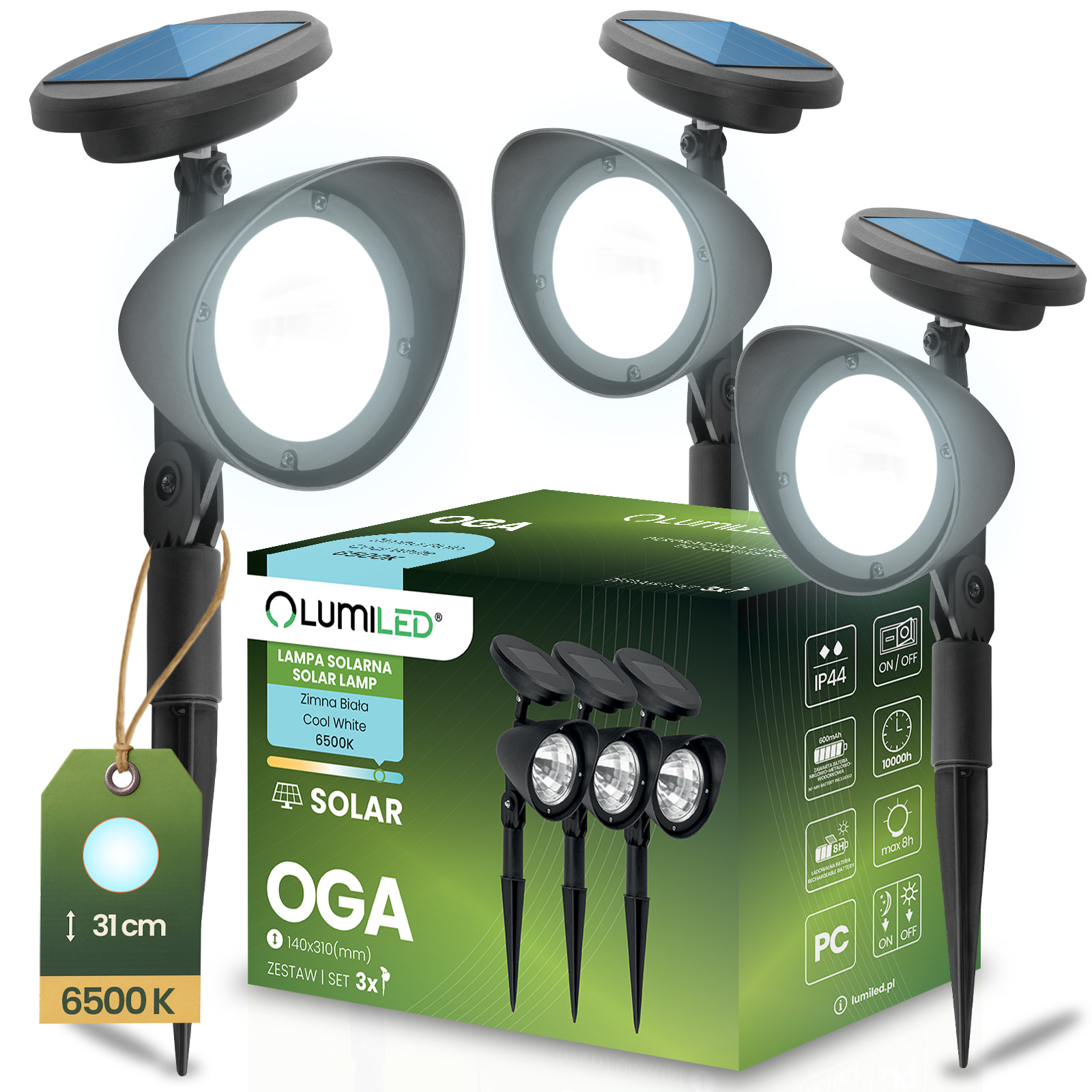 3x Lampa Ogrodowa LED Solarna Wbijana Czarna Kierunkowa OGA Reflektor IP44 6500K LUMILED - główne zdjęcie produktu