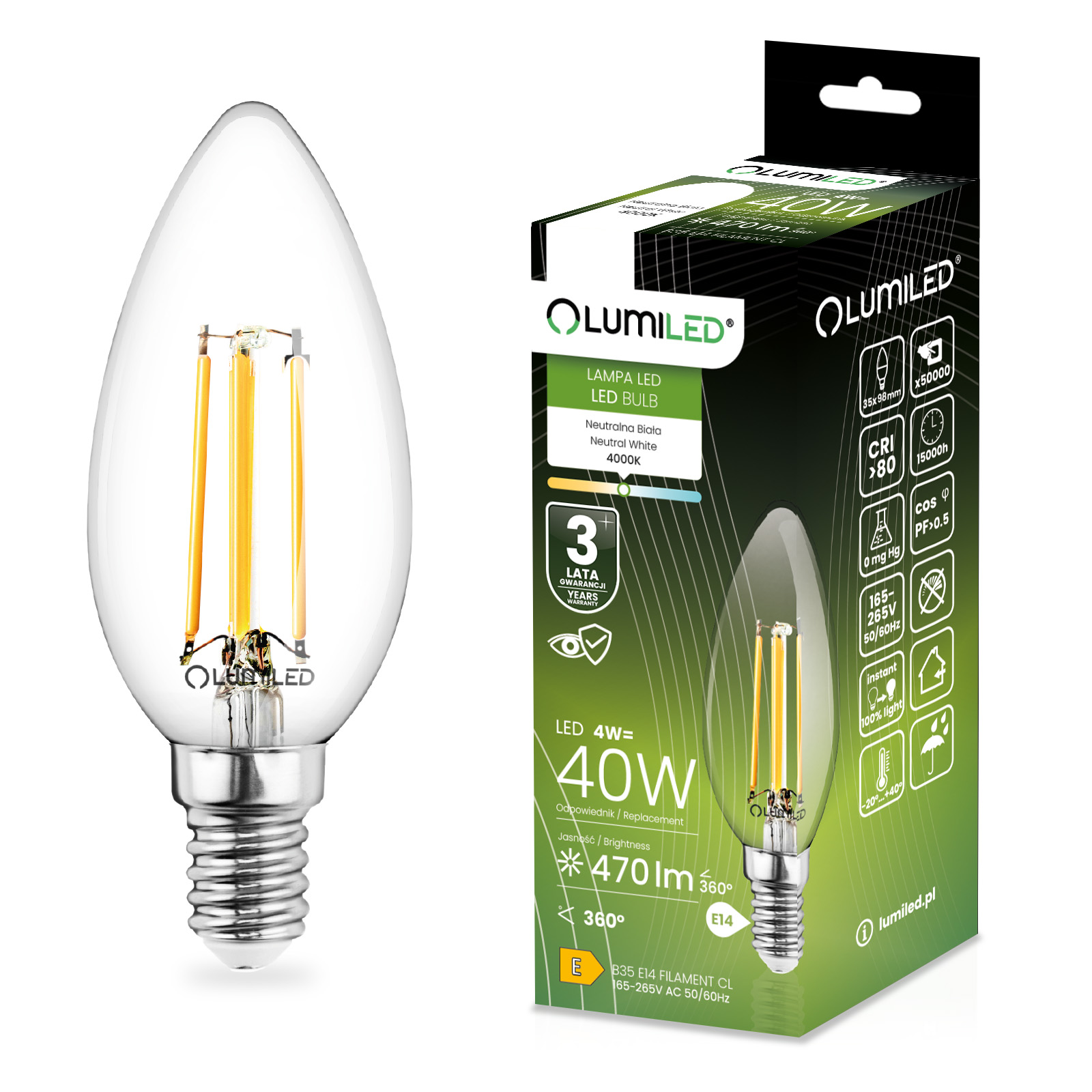 Żarówka LED E14 Świeczka B35 4W = 40W 470lm 4000K Neutralna 360° FILAMENT LUMILED - główne zdjęcie produktu