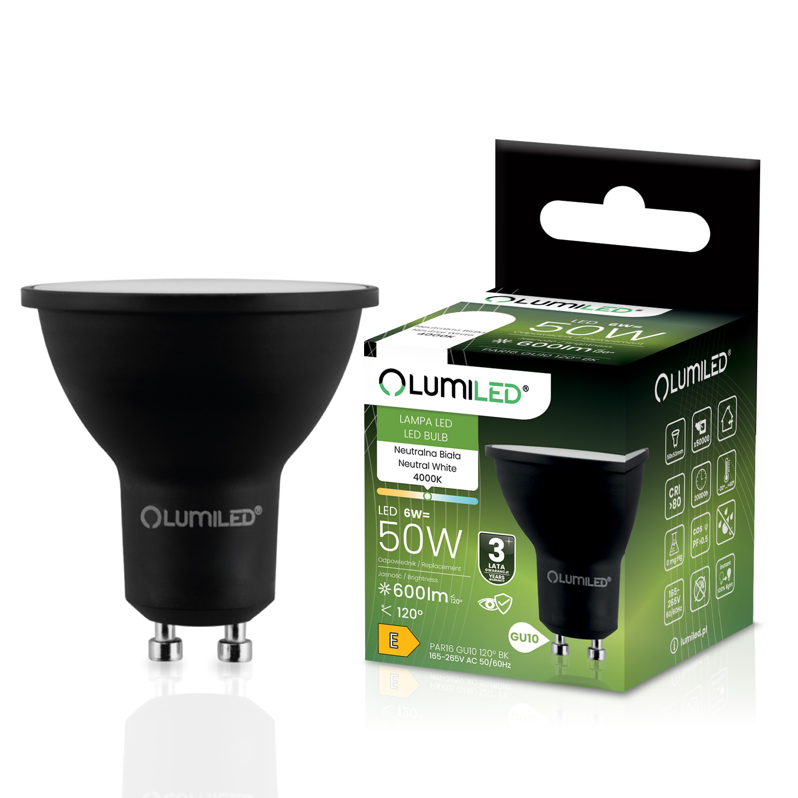 Żarówka LED GU10 Reflektor PAR16 6W = 50W 600lm 4000K Neutralna 120° Czarna LUMILED - główne zdjęcie produktu