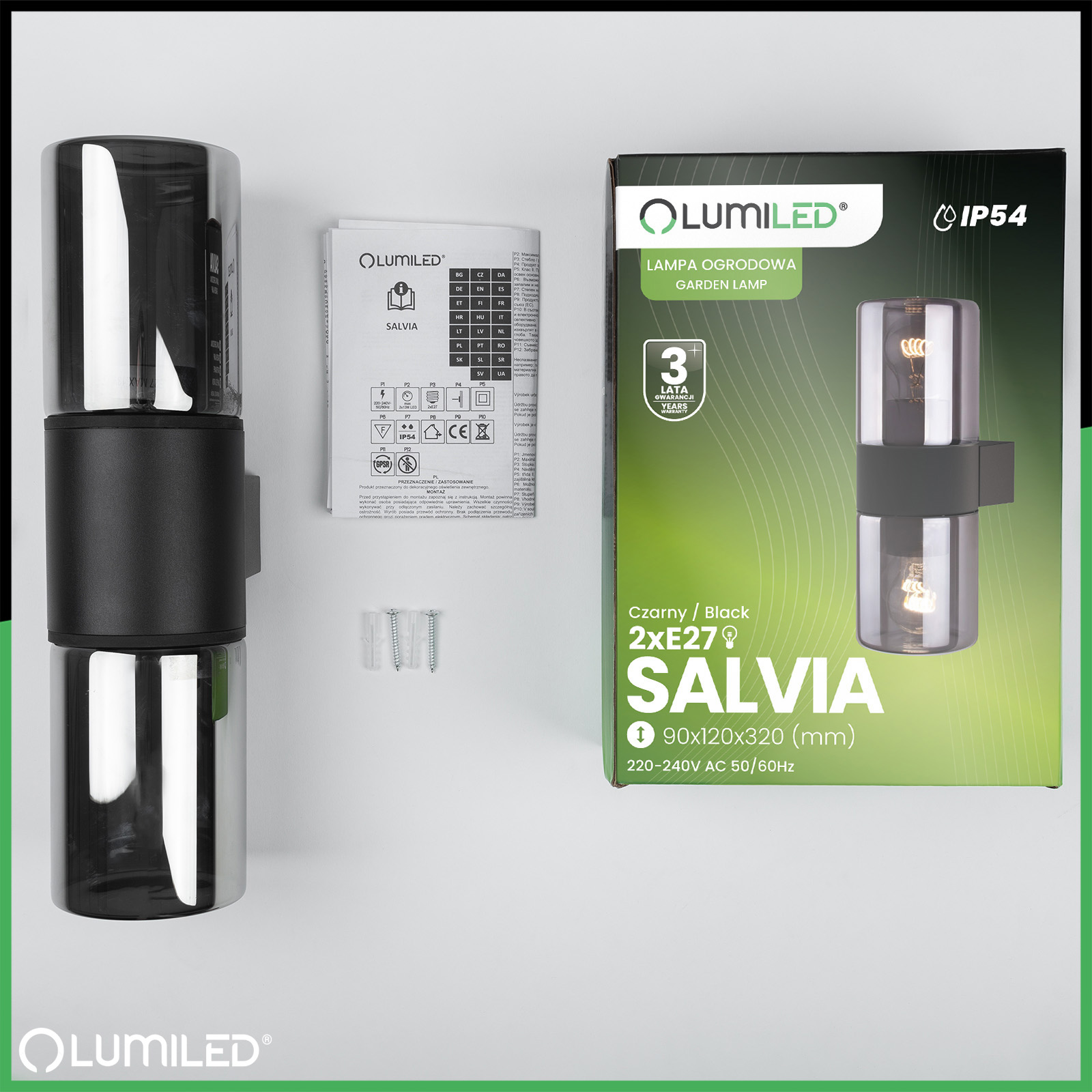 Lampa Ogrodowa Ścienna Zewnętrzna Kinkiet Elewacyjny 2x E27 SALVIA LUMILED - skład produktu
