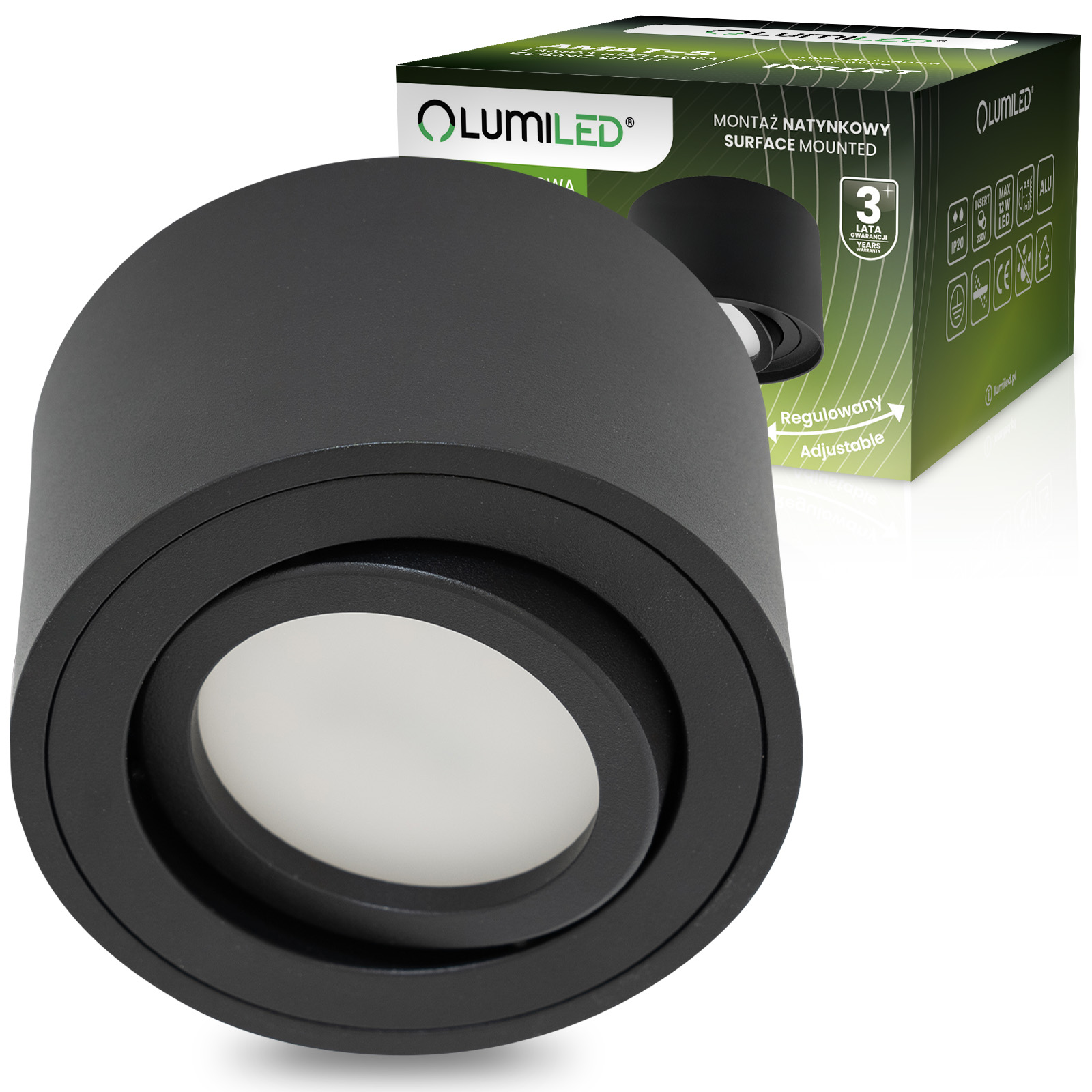Oprawa Natynkowa HALOGENOWA Spot Tuba Ruchoma Okrągła Czarna 50mm AMAT-S LUMILED - główne zdjęcie produktu