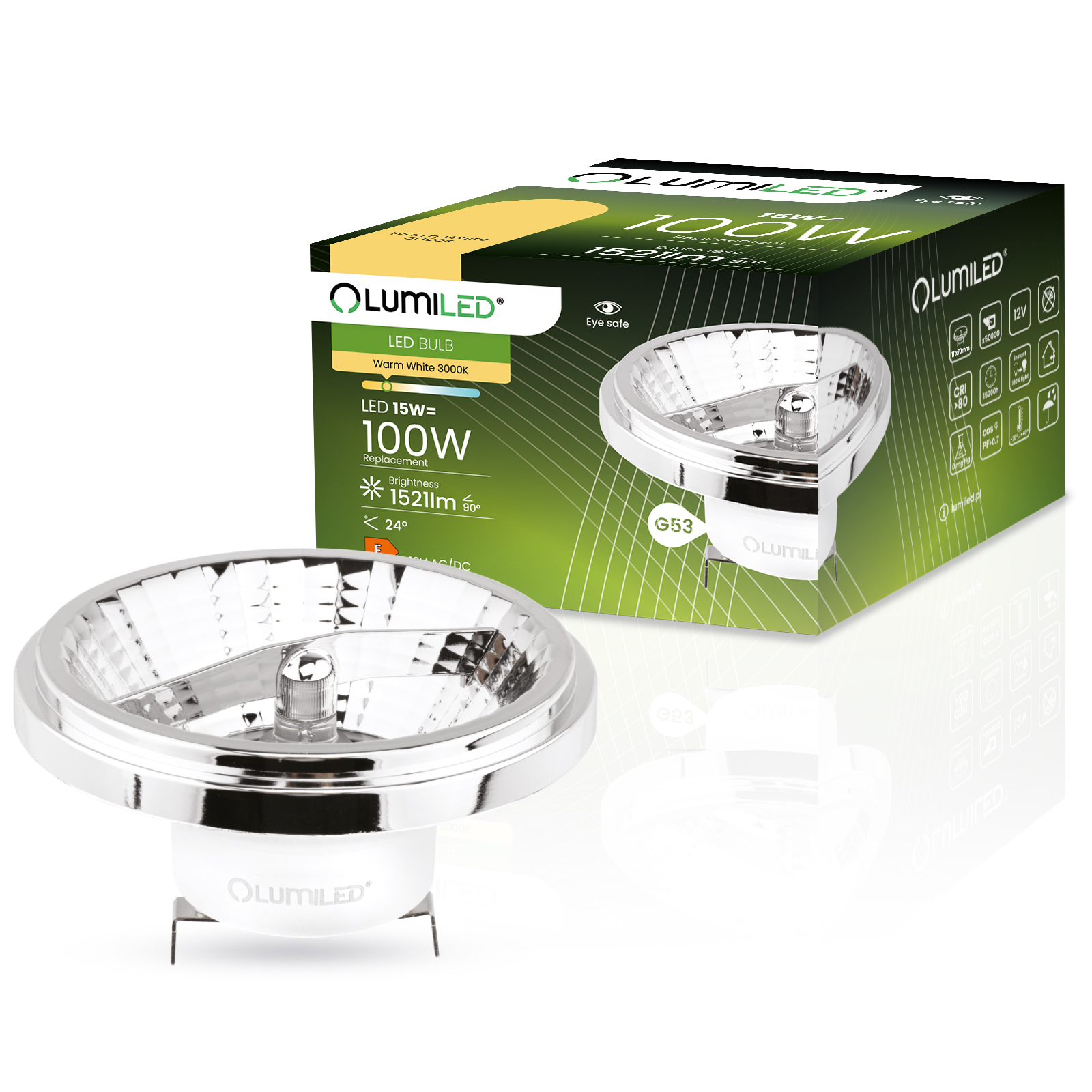 Żarówka LED G53 Reflektor AR111 15W = 100W 1521lm 3000K Ciepła 24° 12V Srebrna LUMILED - główne zdjęcie produktu