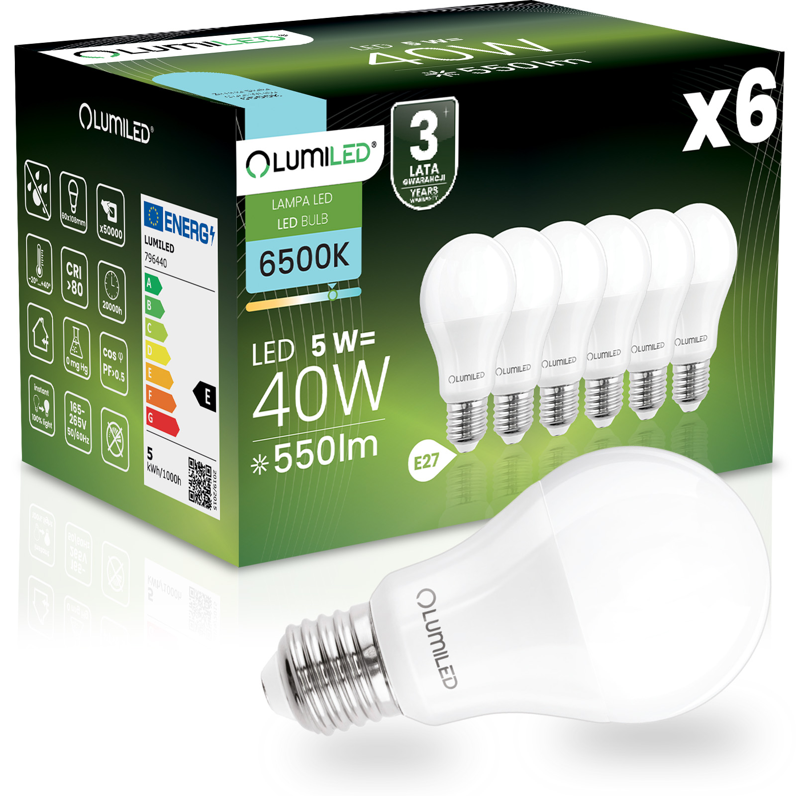 6x Żarówka LED E27 A60 5W = 40W 550 lm 6500K Zimna 260° LUMILED - główne zdjęcie produktu