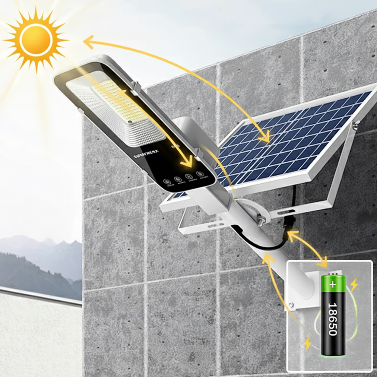 Lampa Solarna Uliczna LED 2000W 200000lm 6500K Zimna Czujnik Zmierzchu MOCNA Latarnia Ogrodowa z Regulowanym Panelem + Uchwyt i Pilot - pierwsza cecha produktu