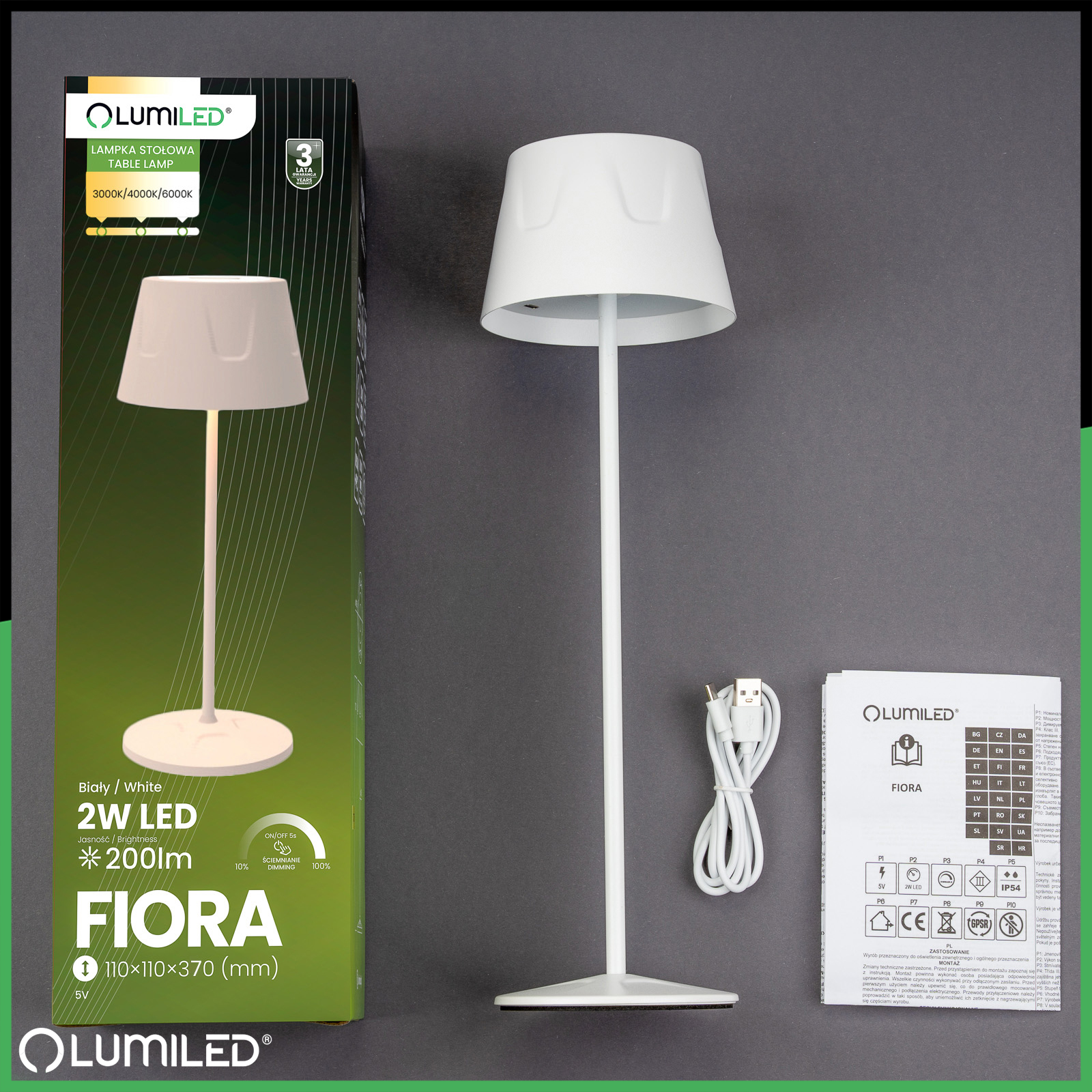 Lampa Ogrodowa LED Stojąca Ozdobna Stołowa Nocna USB Ściemnialna Dotykowa Biała FIORA LUMILED - skład produktu