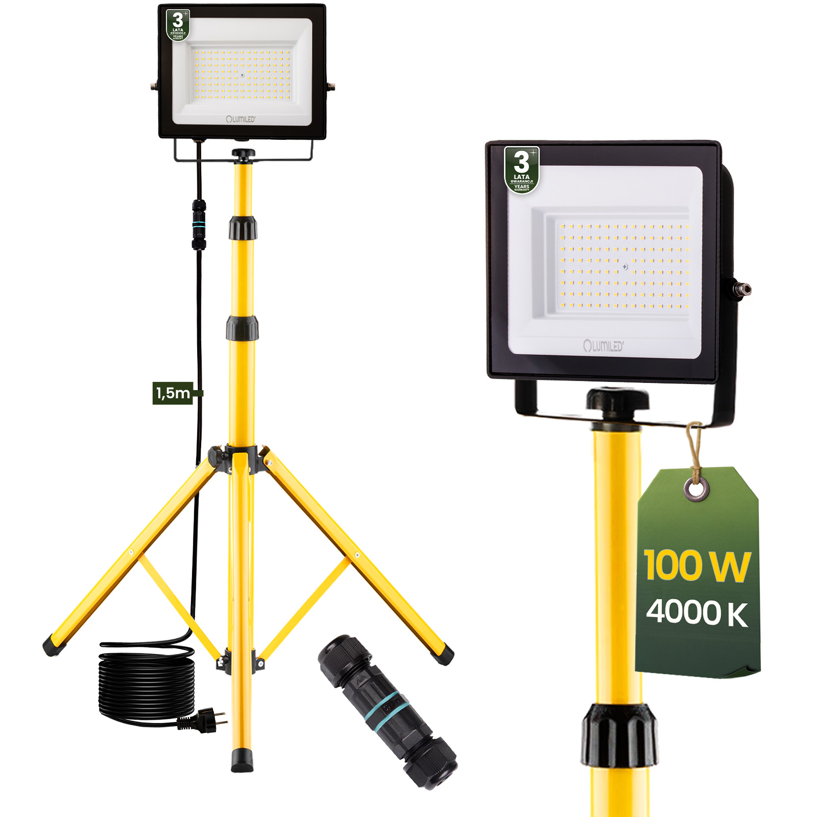 Naświetlacz LED Lampa 1x 100W Robocza Statyw Budowlany 4000K - główne zdjęcie produktu