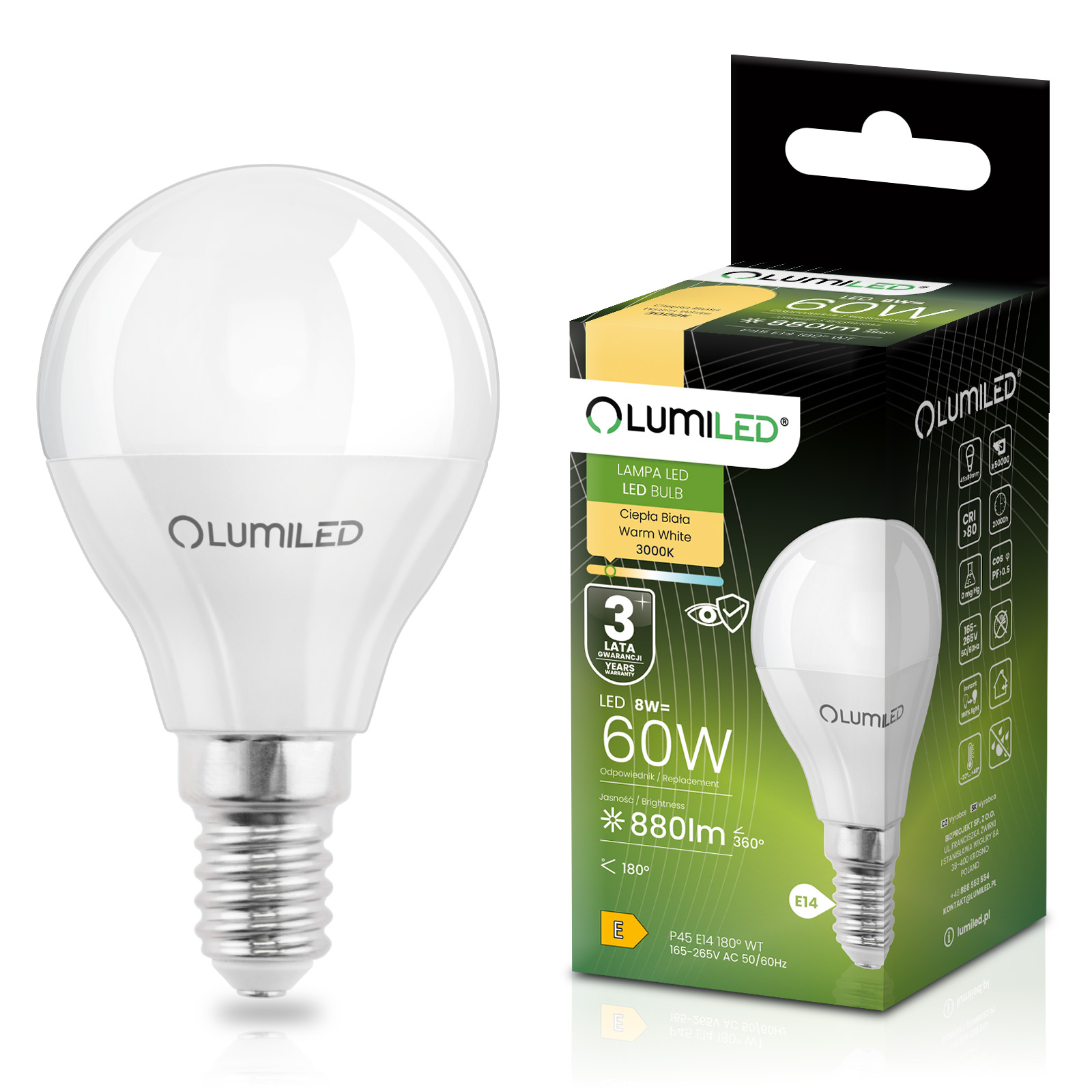 Żarówka LED E14 Kulka P45 8W = 60W 880lm 3000K Ciepła 180° LUMILED - główne zdjęcie produktu