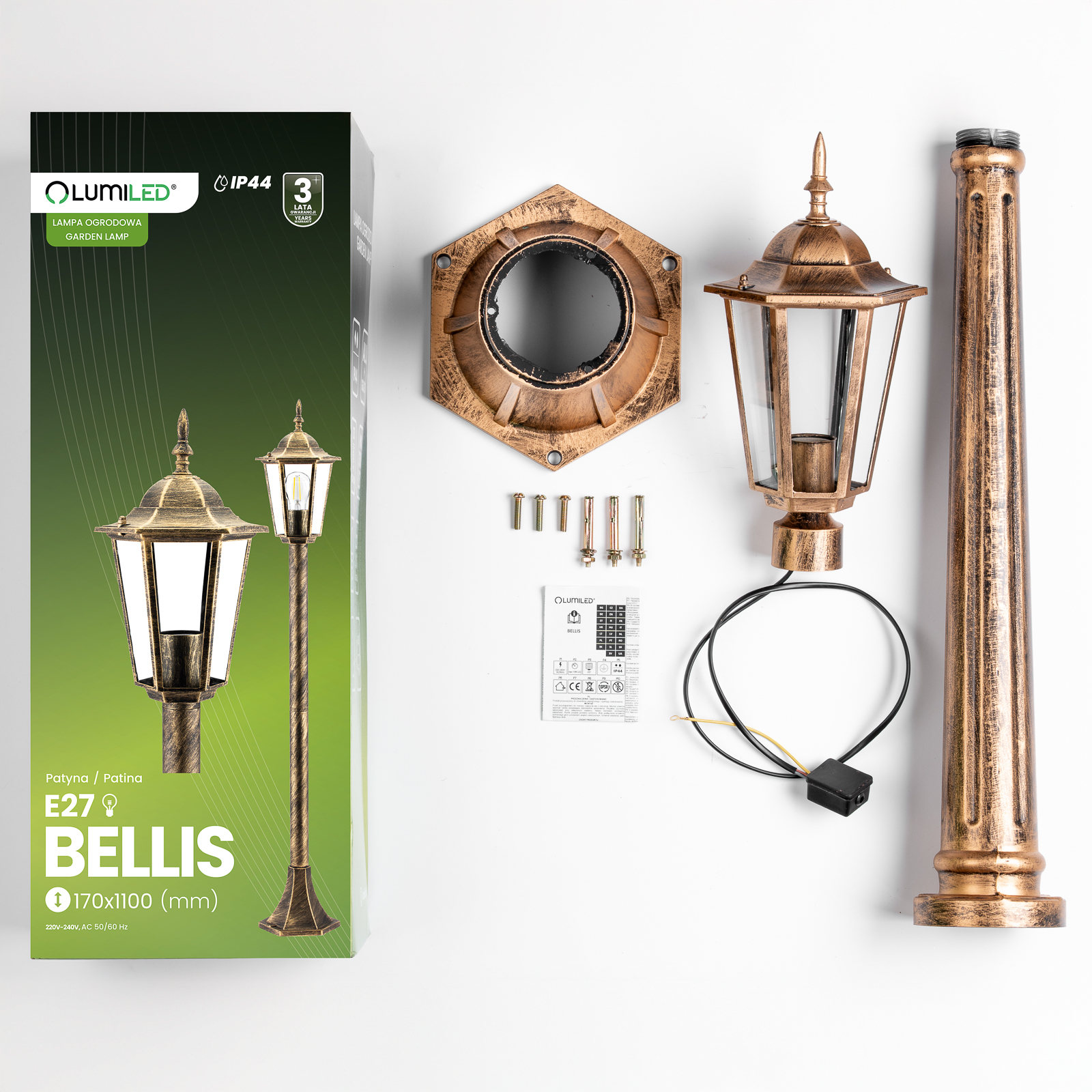 Lampa Ogrodowa Zewnętrzny E27 Niski SŁUPEK LATARNIA 110cm Patyna BELLIS LUMILED - skład produktu