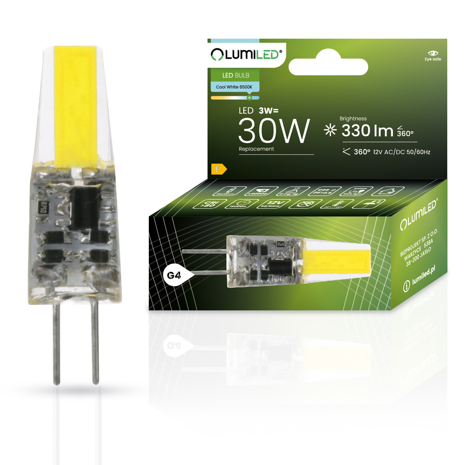 Żarówka LED G4 Kapsułka 3W = 30W 330lm 6500K Zimna 360° 12V FILAMENT LUMILED - główne zdjęcie produktu