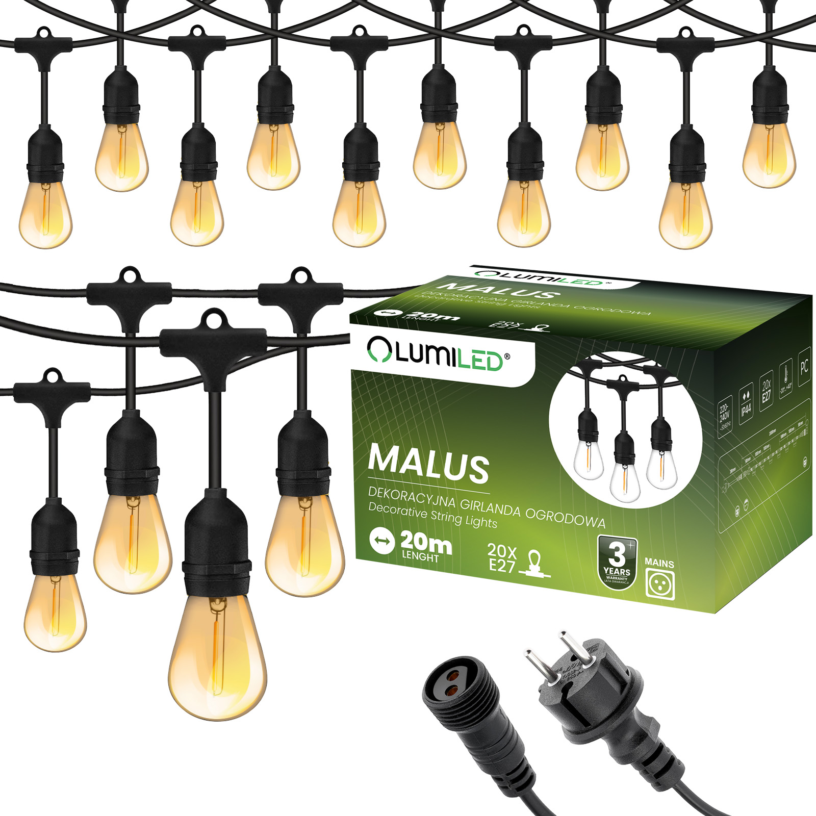 Girlanda Ogrodowa Zewnętrzna MALUS Łańcuch Świetlny 20m 20xE27 + Żarówki LED 1,3W 2200K Lumiled - główne zdjęcie produktu