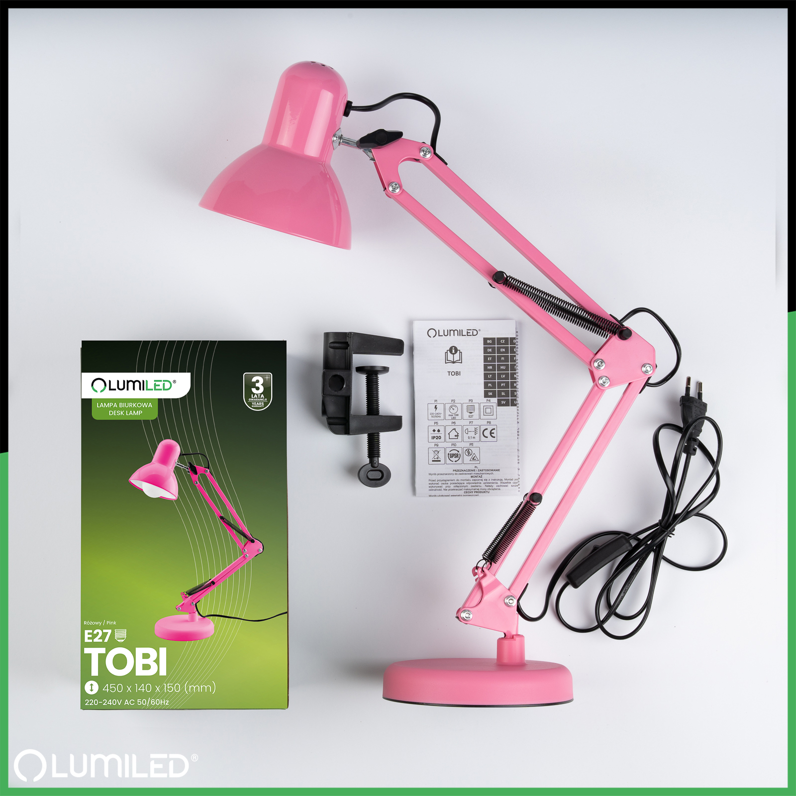 Lampka Biurkowa Kreślarska Stołowa E27 TOBI Różowa Lumiled + uchwyt na blat - skład produktu
