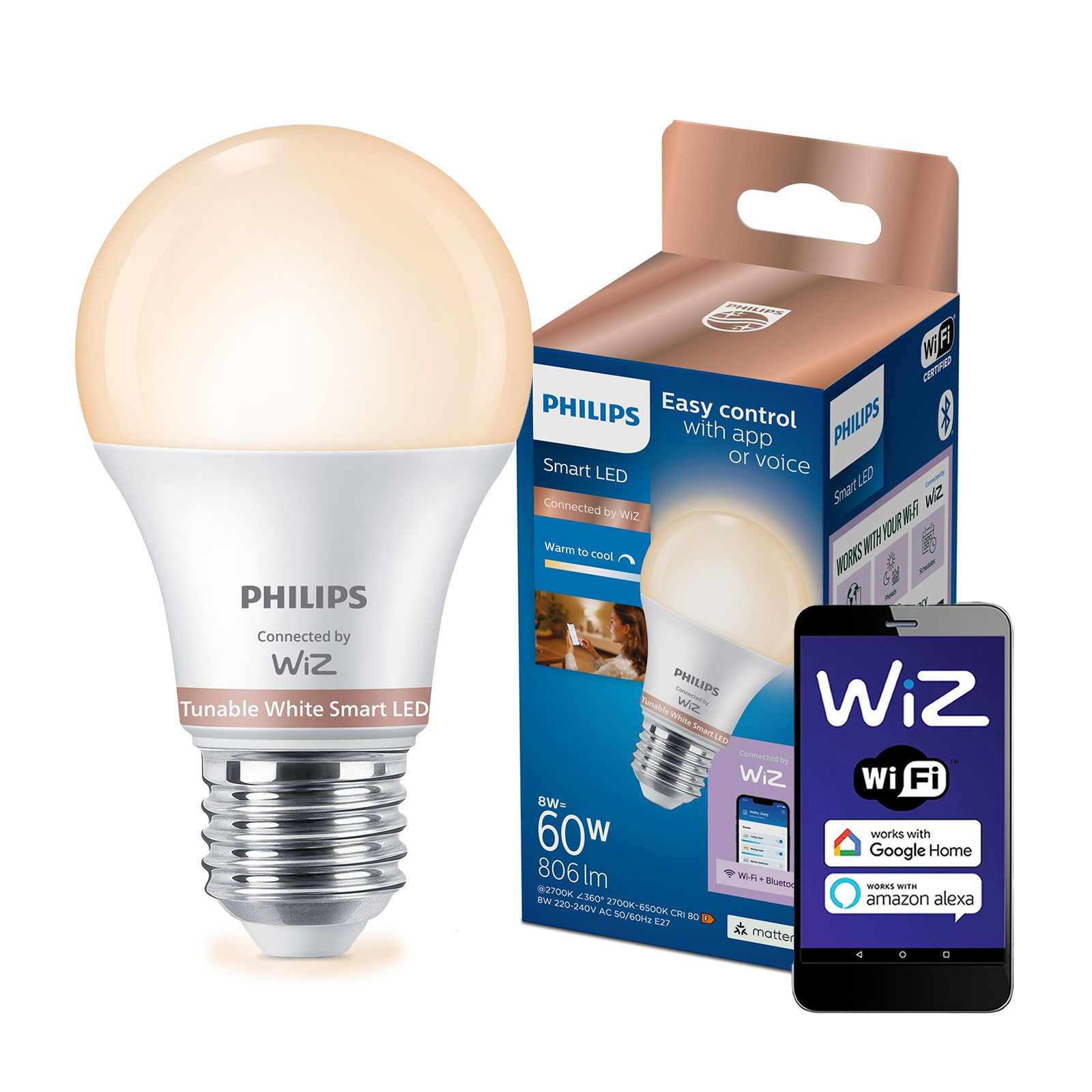 Żarówka LED E27 A60 8W = 60W 806lm 2700-6500K TW Inteligentna SMART WiFi Bluetooth Aplikacja WiZ Philips - główne zdjęcie produktu