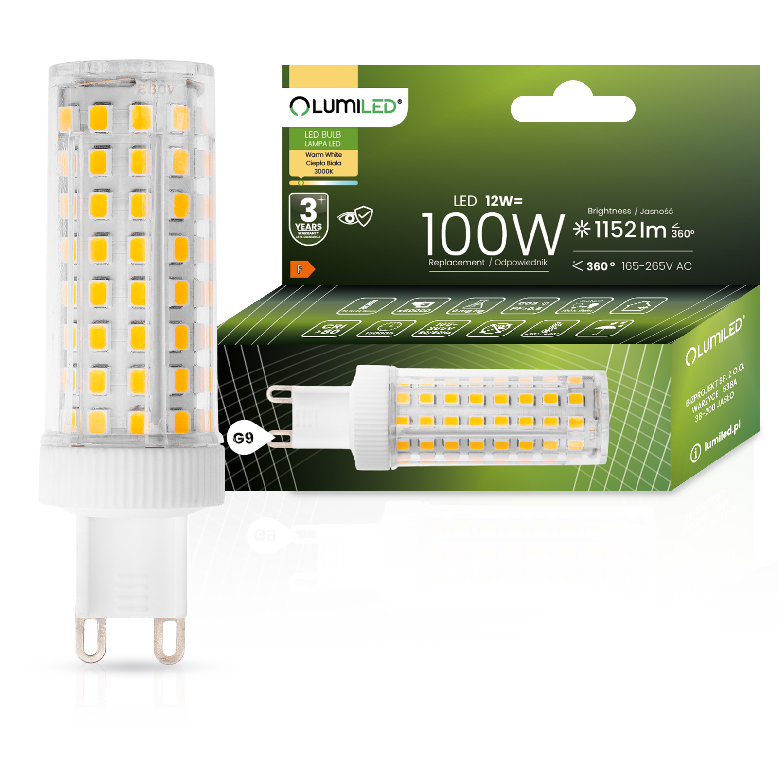 Żarówka LED G9 Kapsułka 12W = 100W 1152lm 3000K Ciepła 360° LUMILED - główne zdjęcie produktu