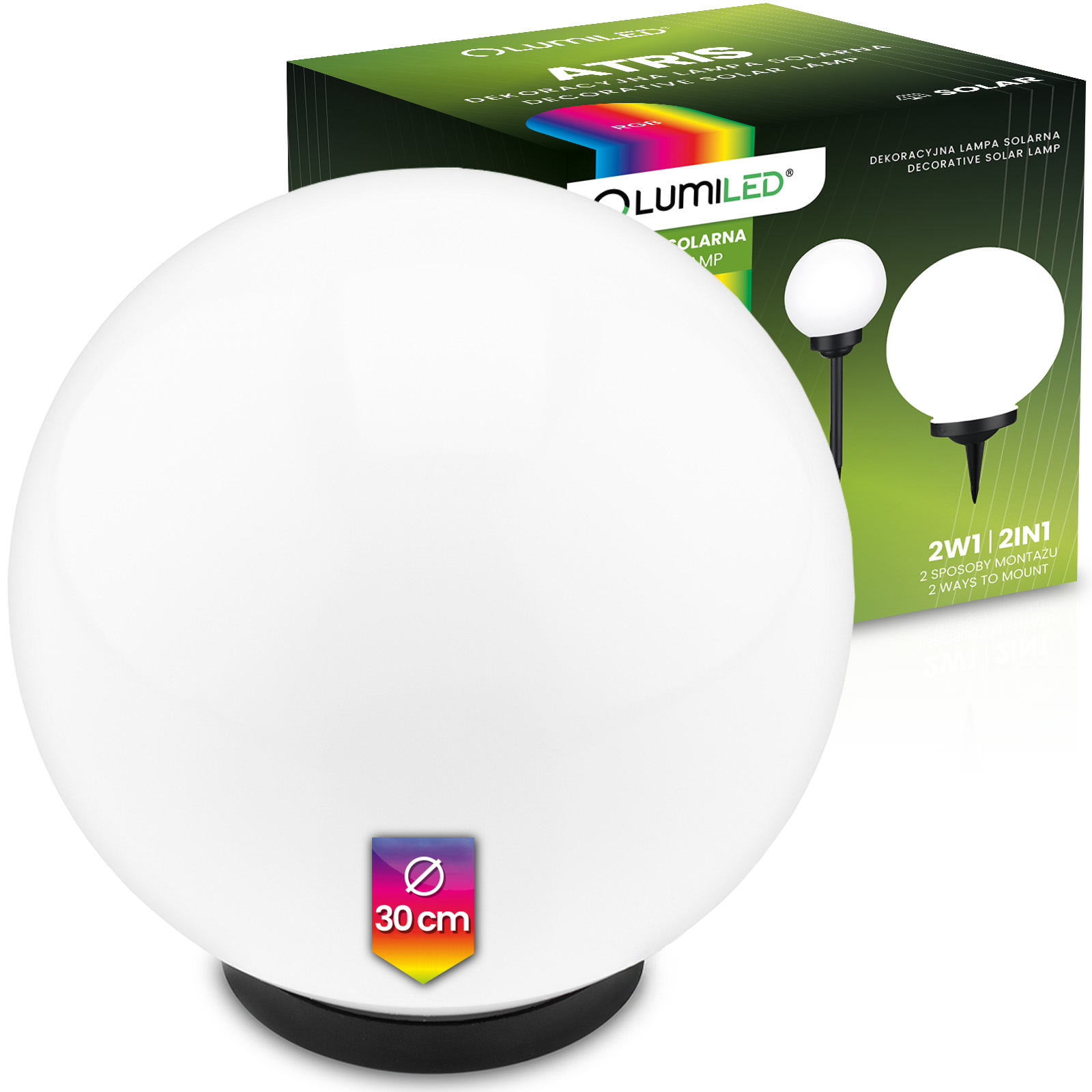 Lampa Solarna Ogrodowa LED ATRIS Wbijana Naziemna Biała Kula 30cm RGB LUMILED - główne zdjęcie produktu