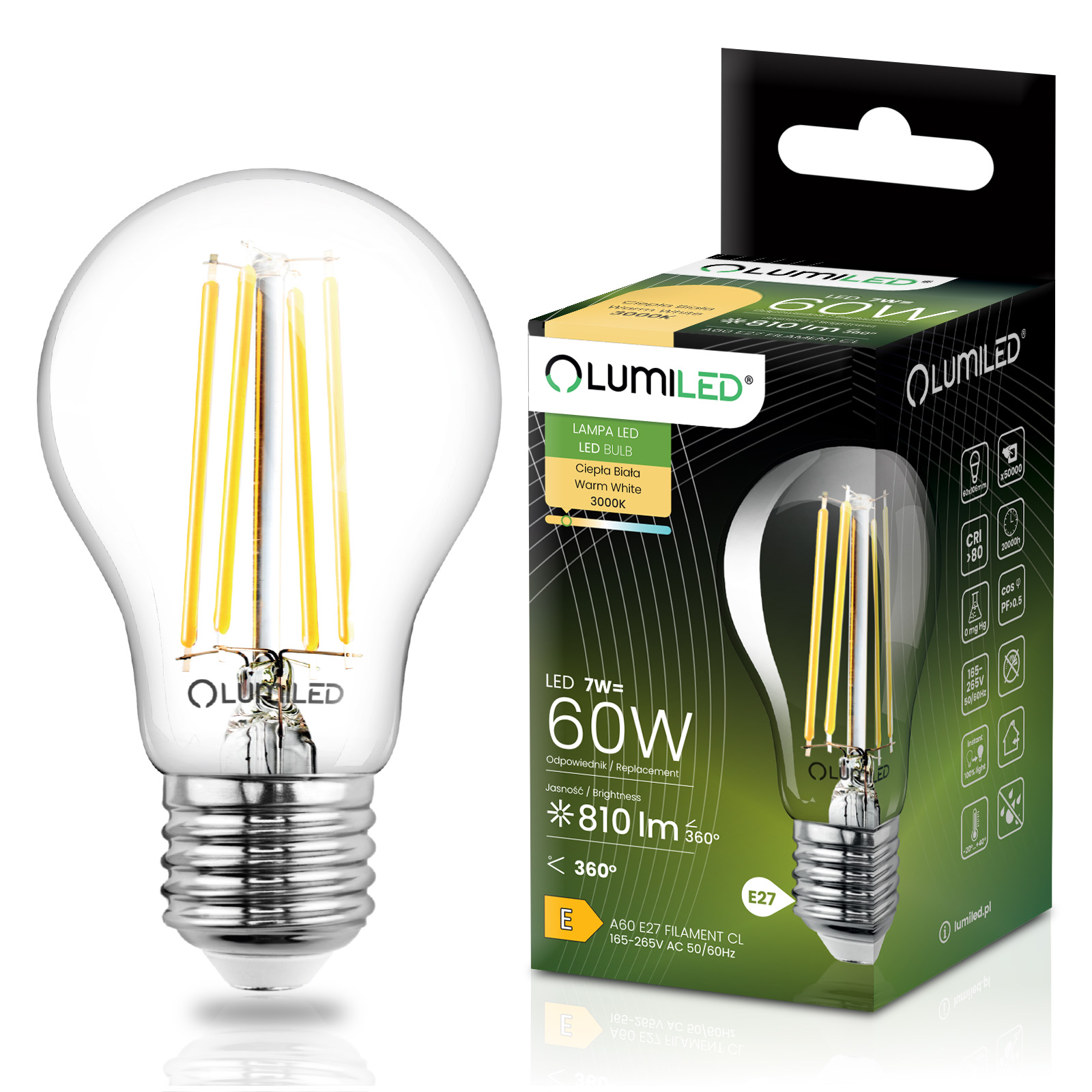 Żarówka LED E27 A60 7W = 60W 810lm 3000K Ciepła 360° FILAMENT LUMILED - główne zdjęcie produktu