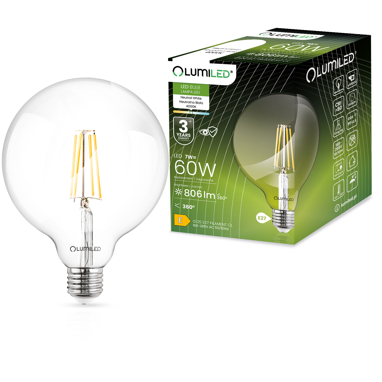 Żarówka LED E27 Kula G125 7W = 60W 806lm 4000K Neutralna 360° FILAMENT LUMILED - główne zdjęcie produktu