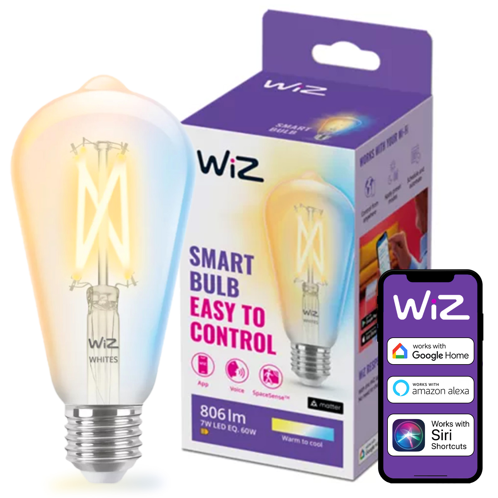 Żarówka LED E27 Edison ST64 7W = 60W 806lm 2700-6500K TW FILAMENT Inteligentna SMART WiFi Bluetooth Aplikacja WiZ - główne zdjęcie produktu