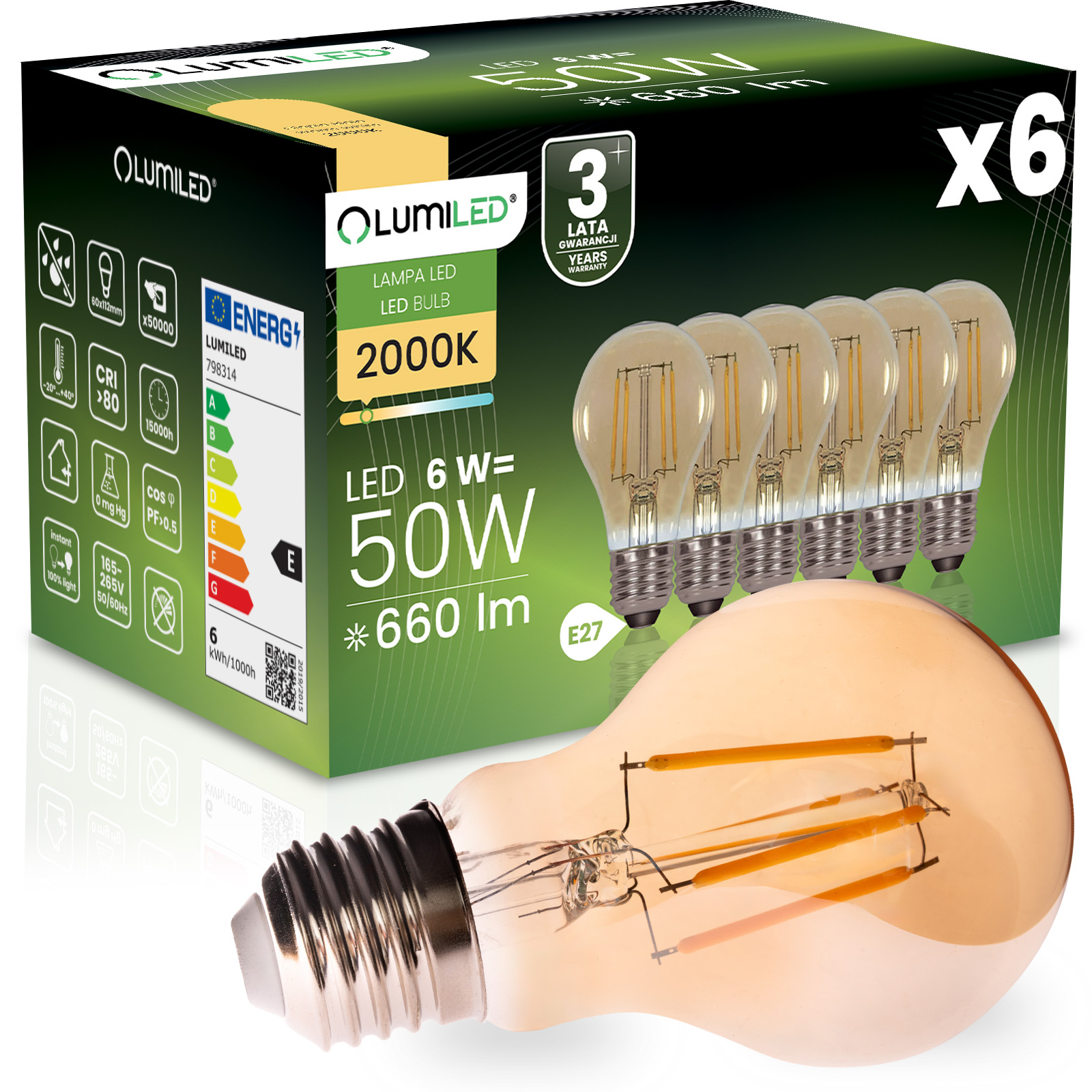 6x Żarówka LED E27 A60 6W 660LM = 50W 2000K Ciepła 360° Filament Amber LUMILED - główne zdjęcie produktu